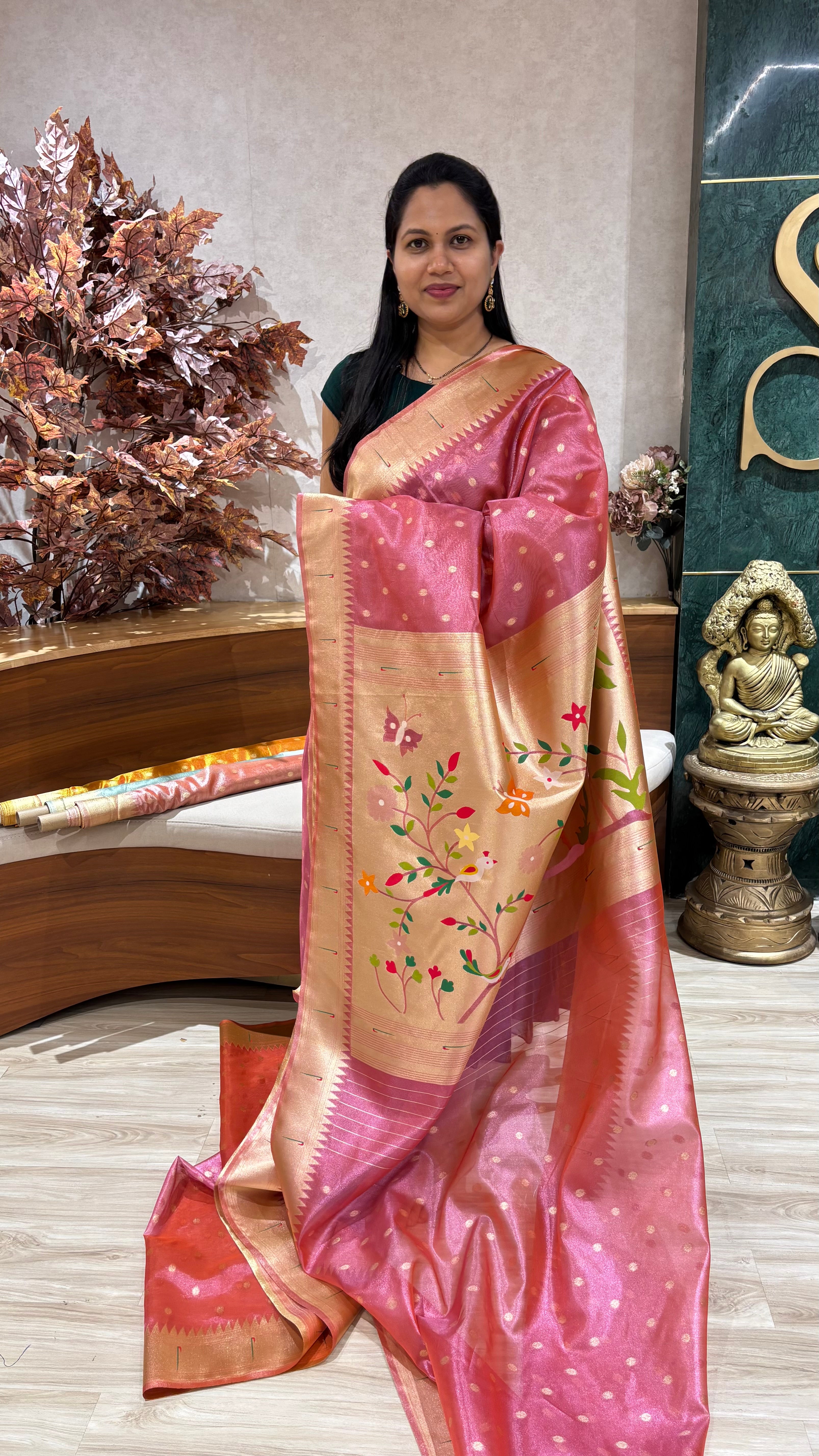 Tissue paithani dark peach