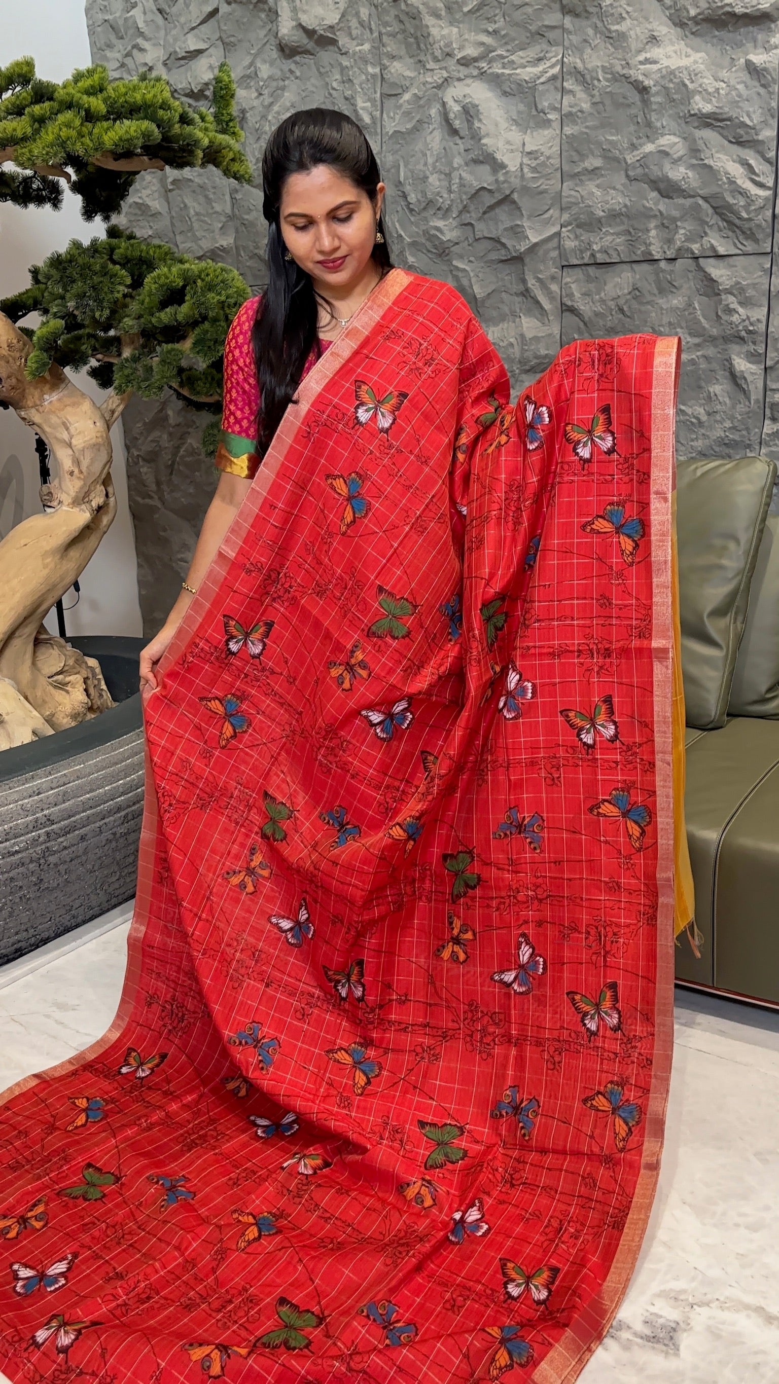 Tussar prints orange yellow