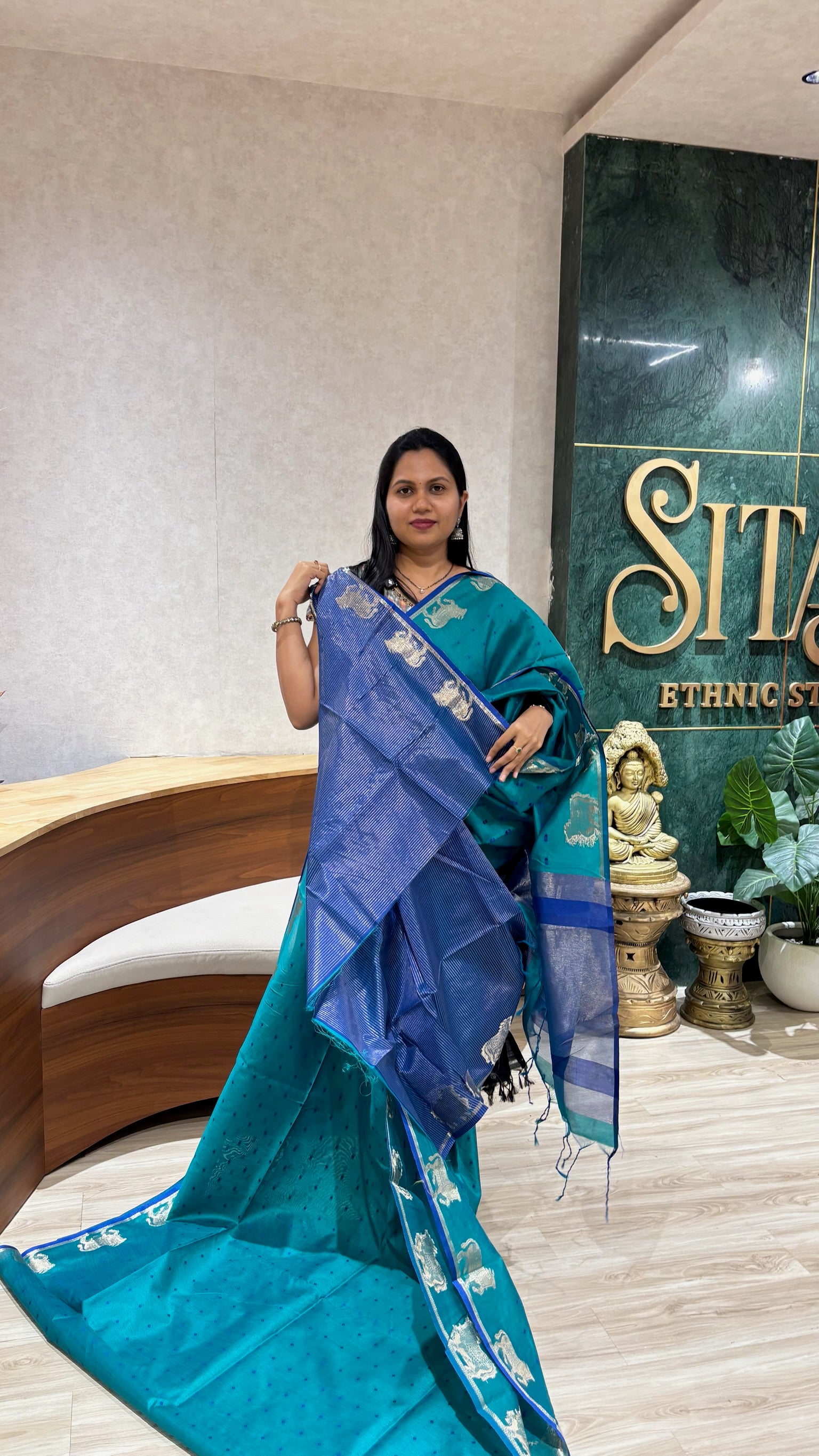 Tussar design cow buti -sea green