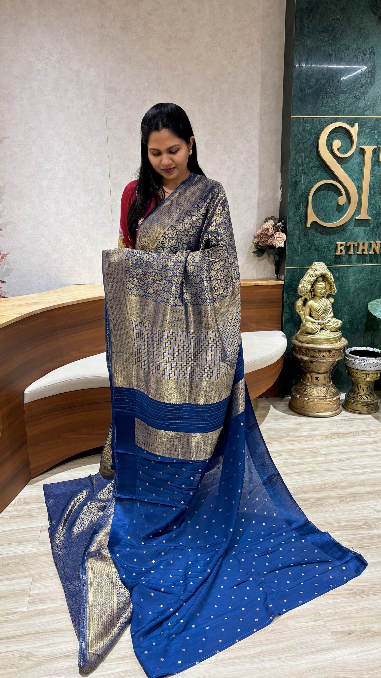 Crepe brocade silk blue