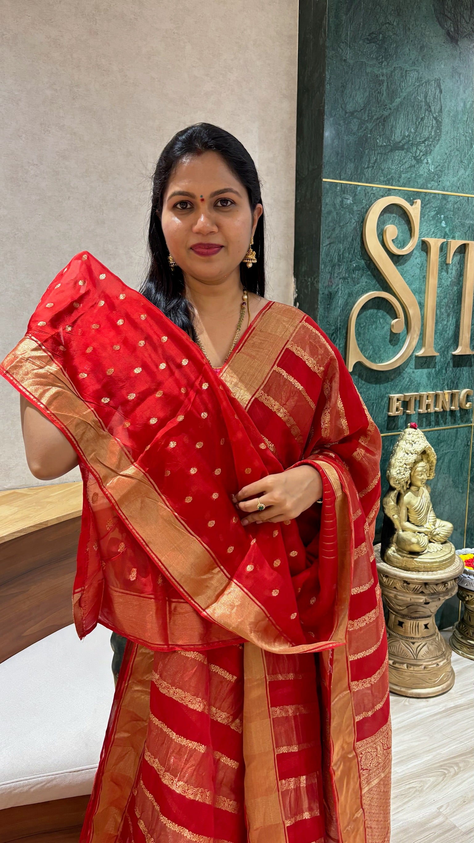 Red crepe organza saree