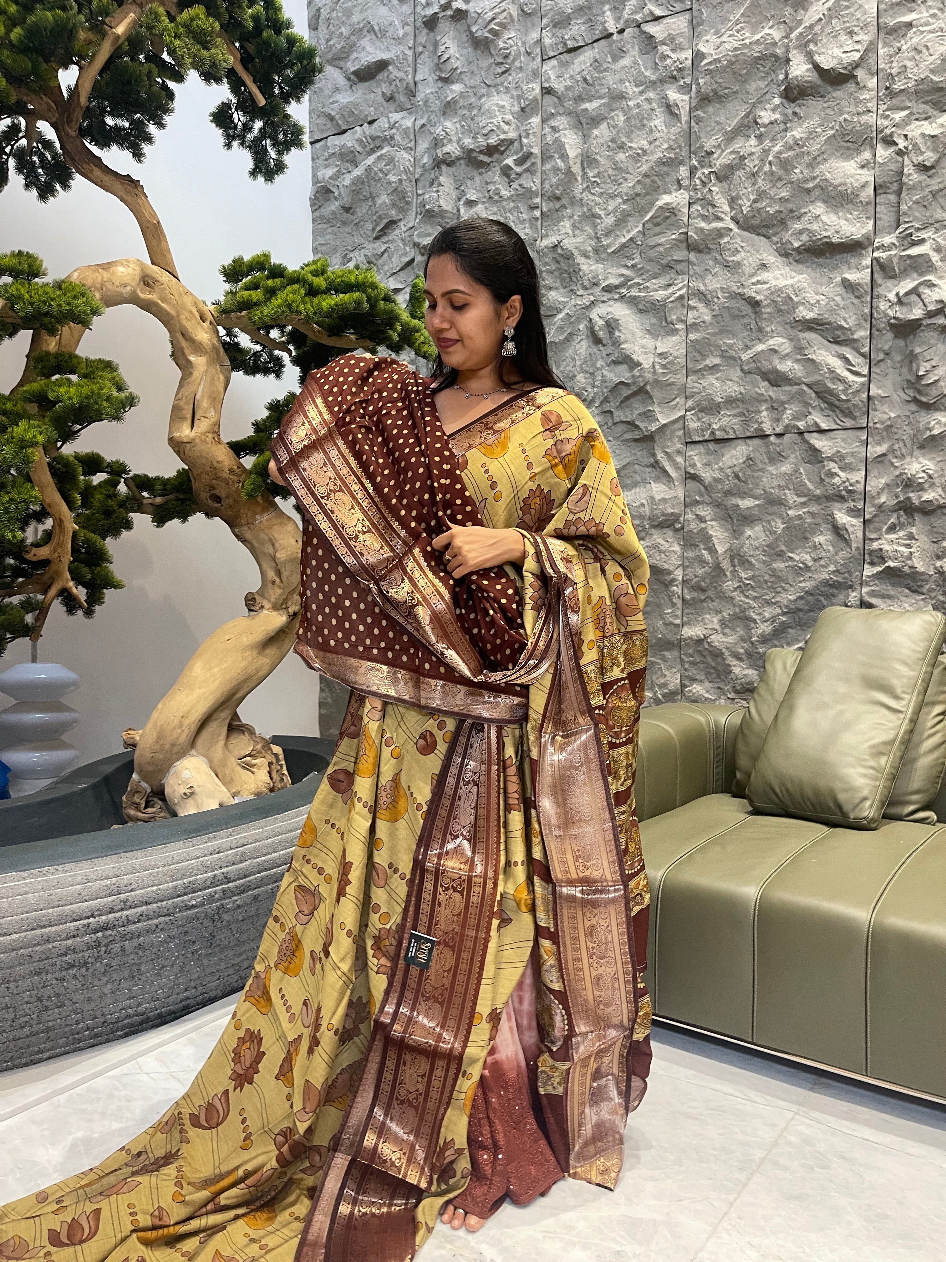 Yellow with brown Managalagiri silk saree