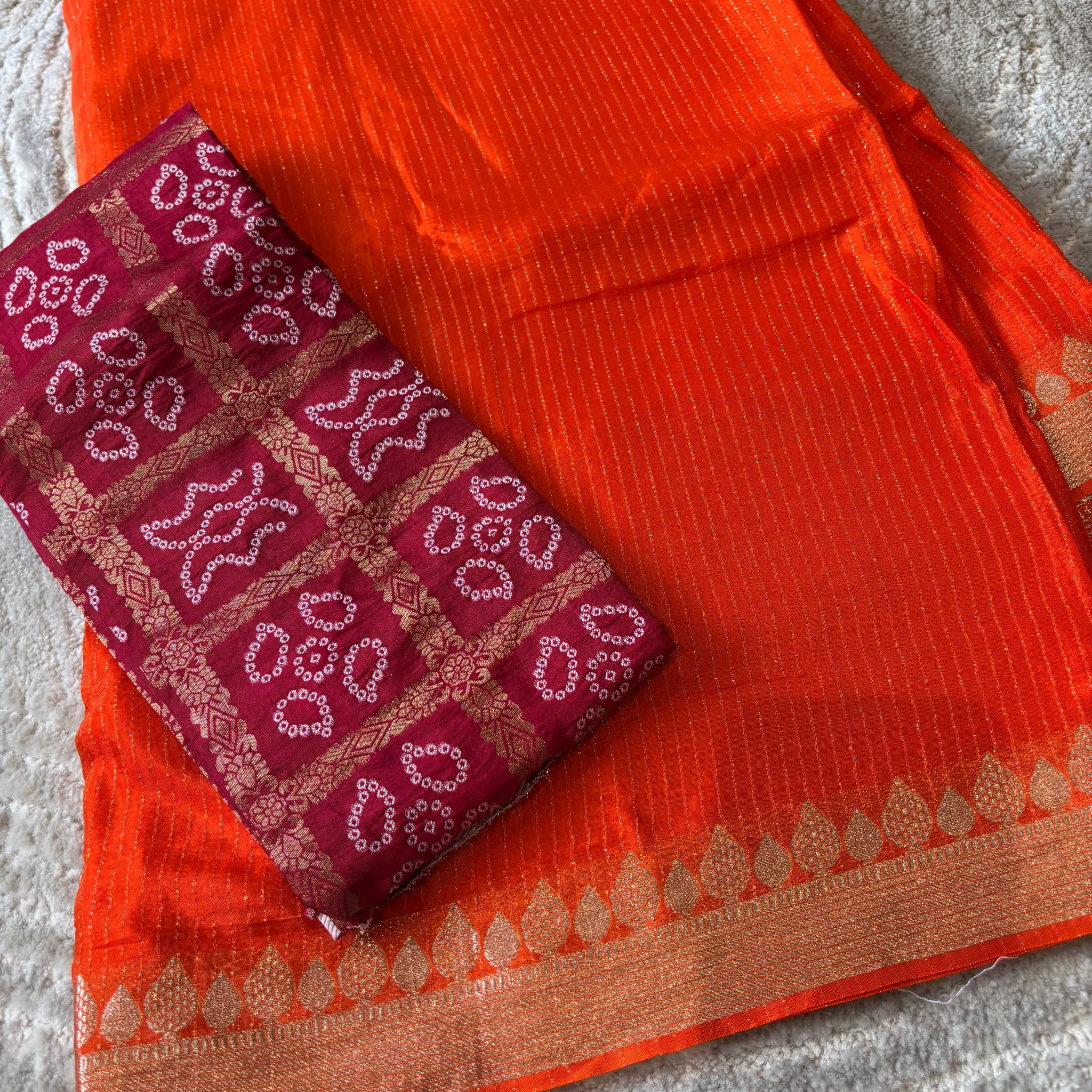 Orange georgette maroon bandhini