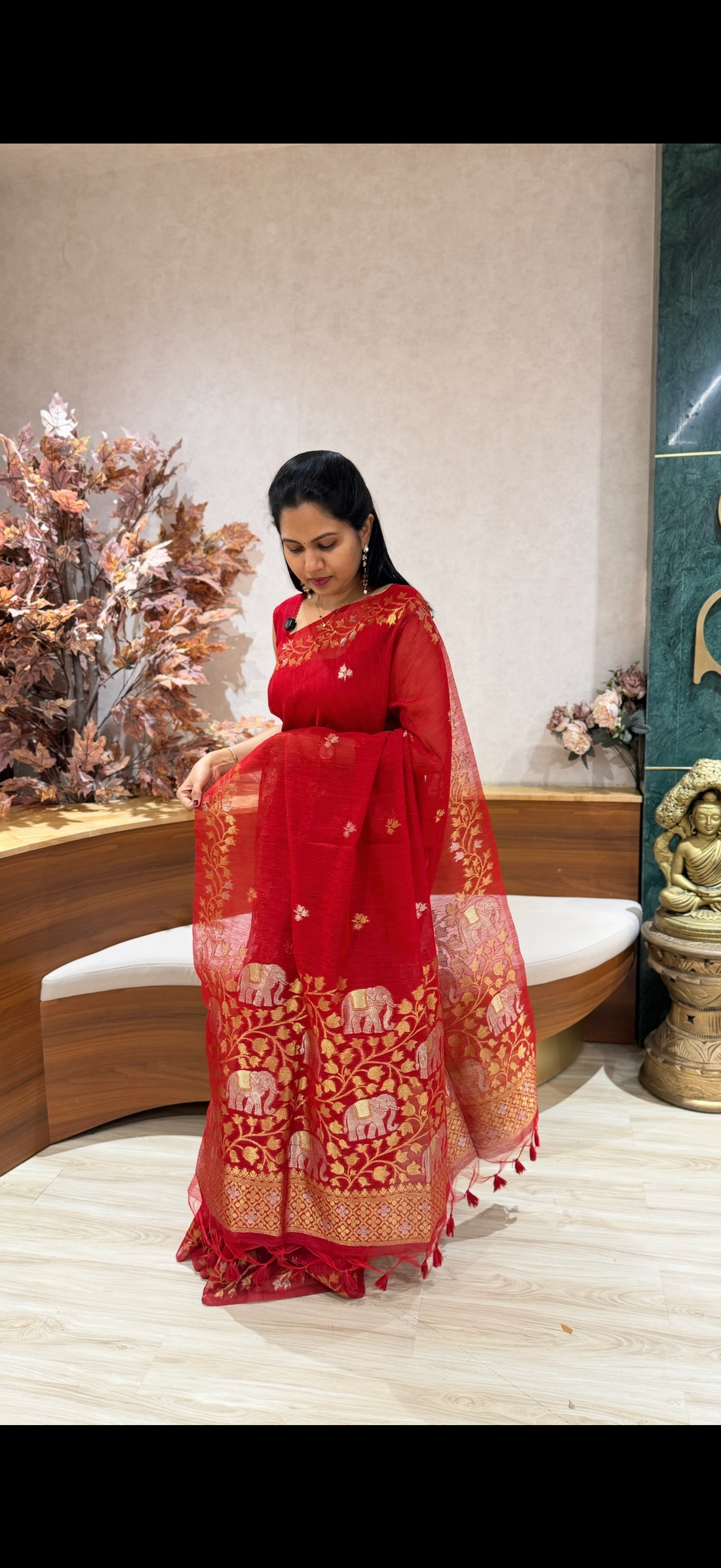 Red linen saree