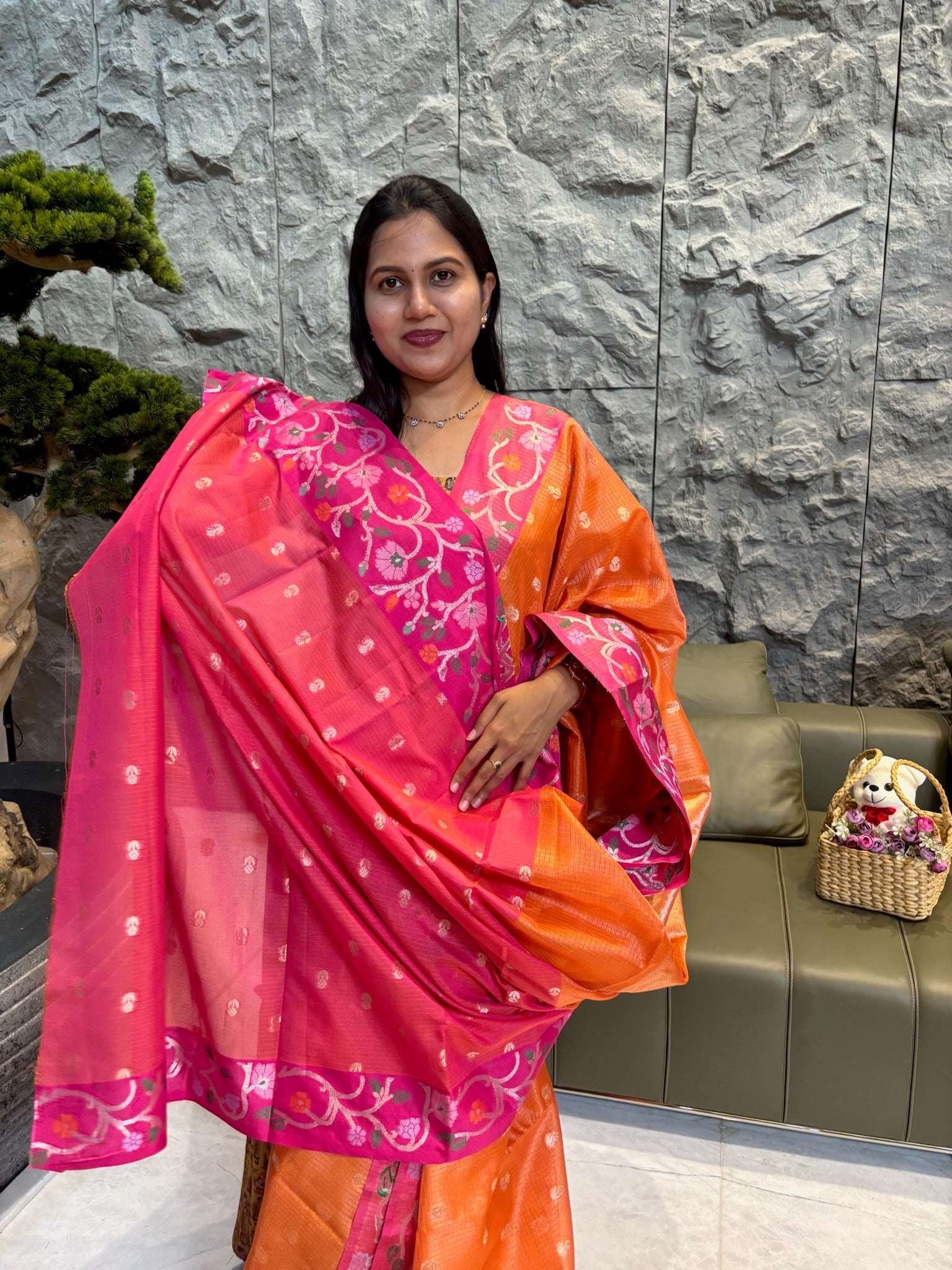 Orange pink kota saree