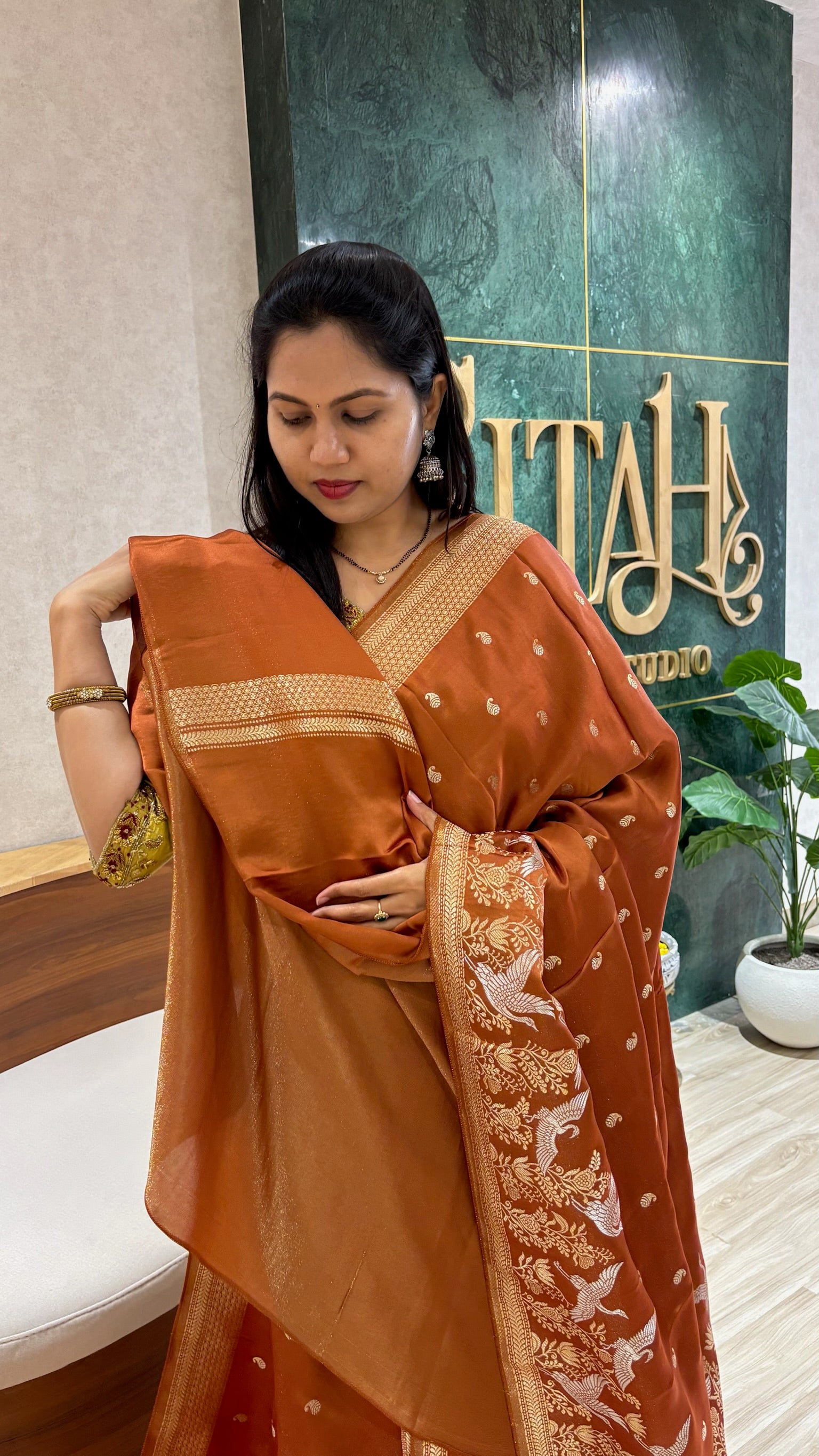 Mashru banaras golden brick shade