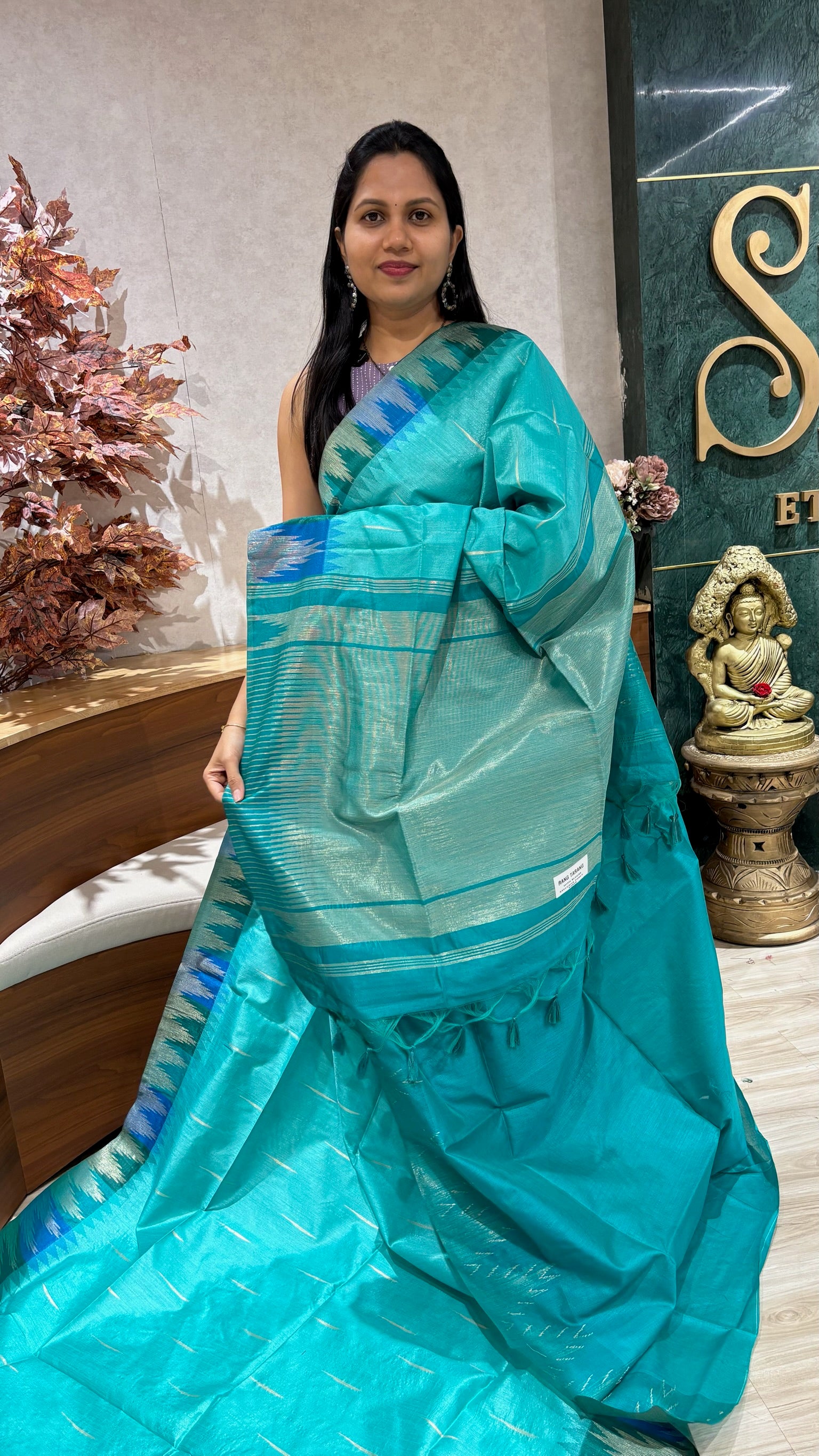 Fancy tussar temple border sea blue