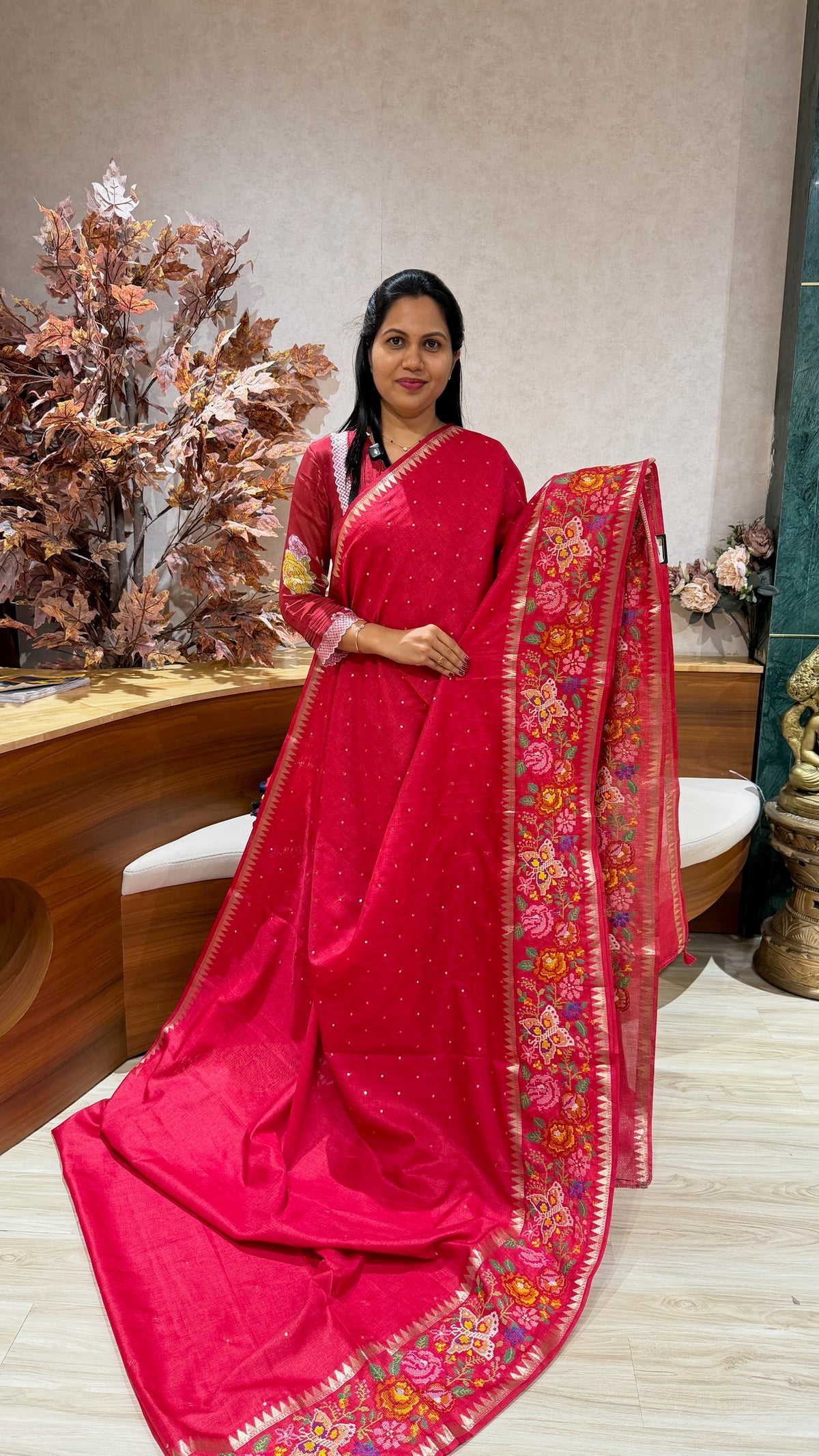 Tussar embroidery rani pink