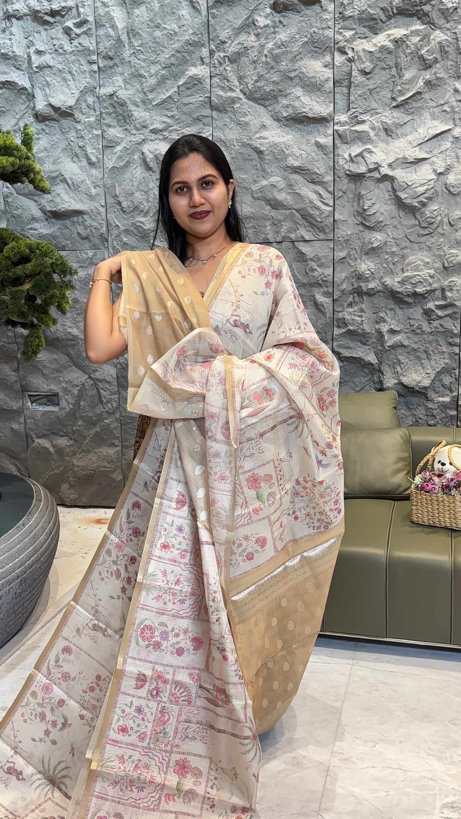 Cream golden kota saree