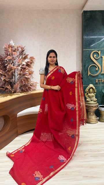 Red linen saree