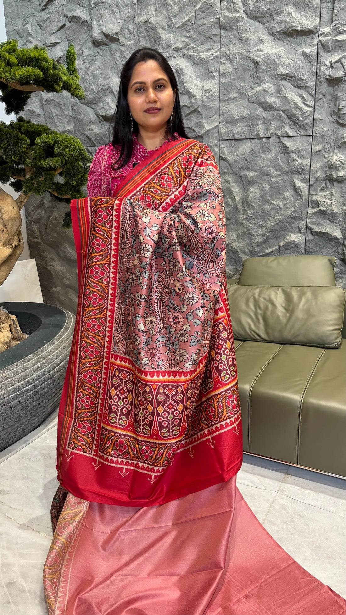 Tussar kalamkari patola peach - peacock design