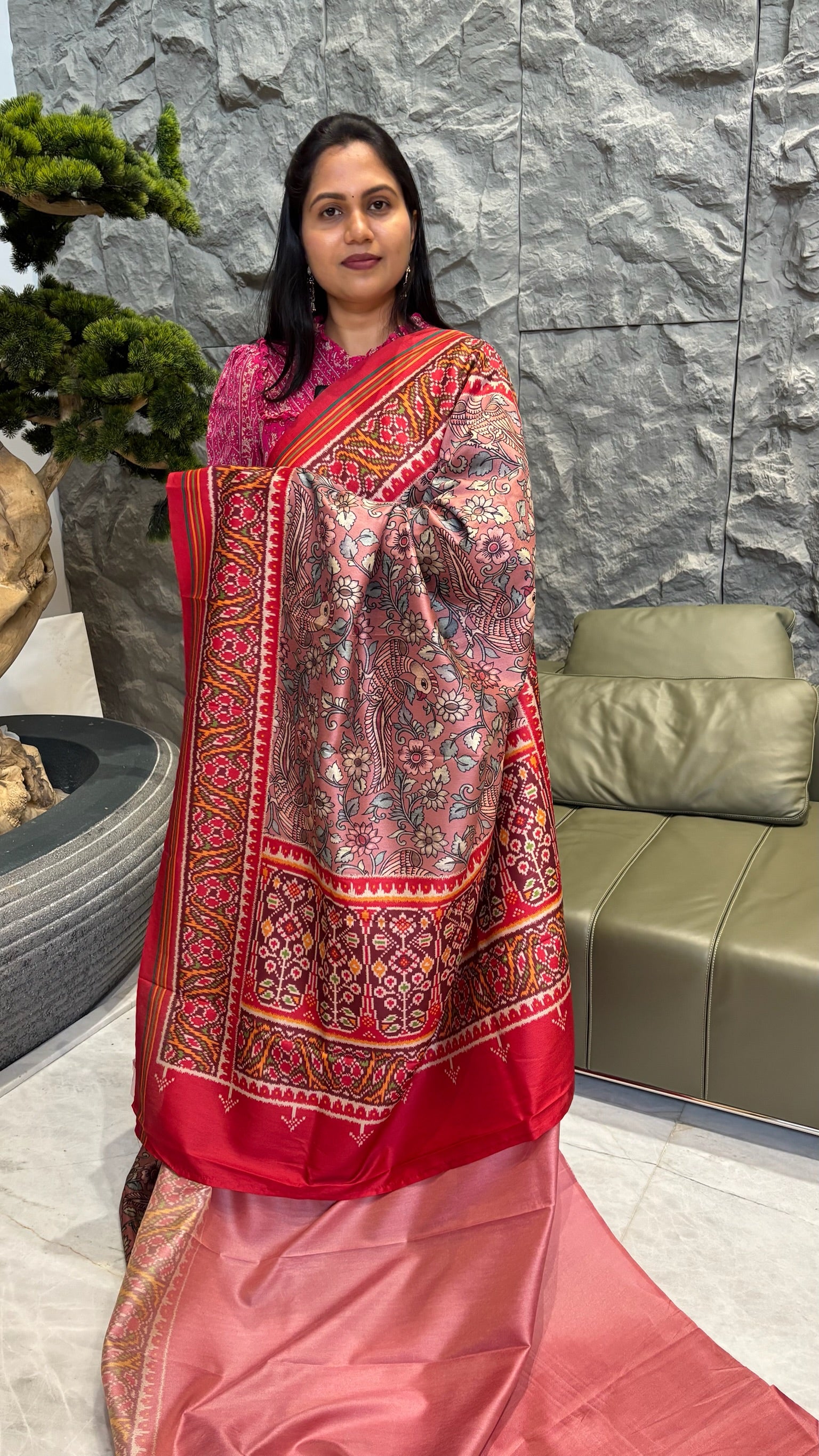 Tussar kalamkari patola peach - peacock design