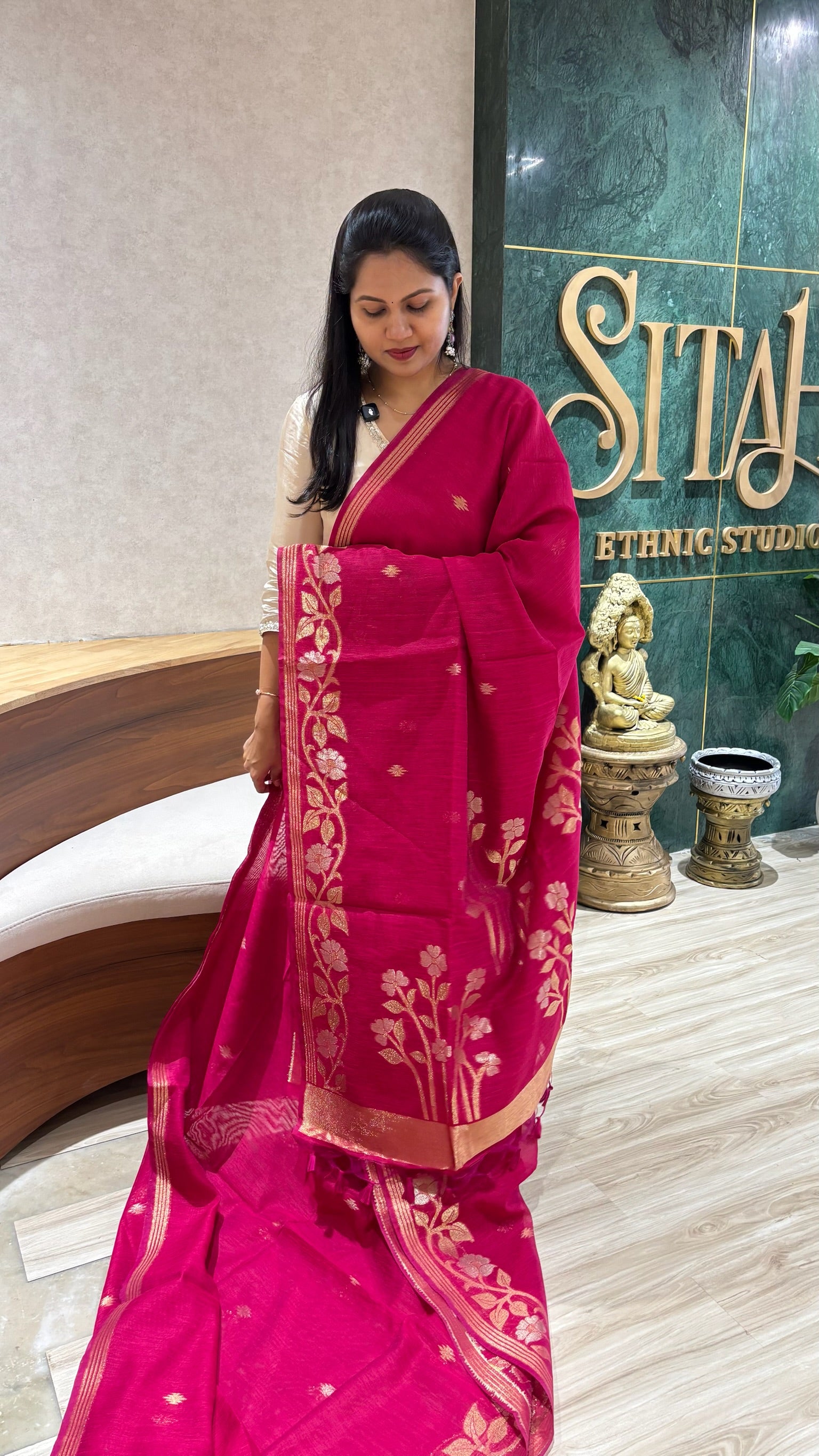 Linen tussar jhamdani pink