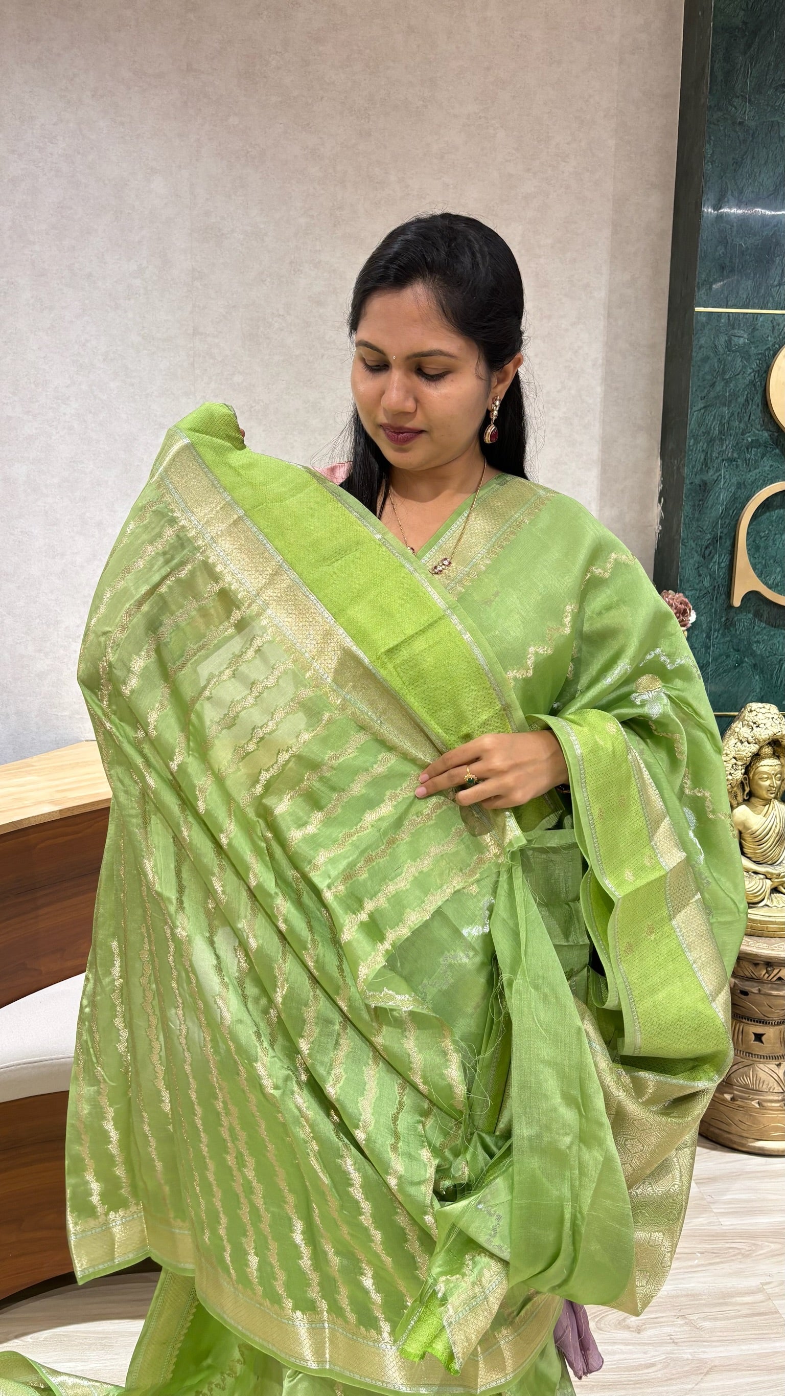 Pure chanderi saree pista green