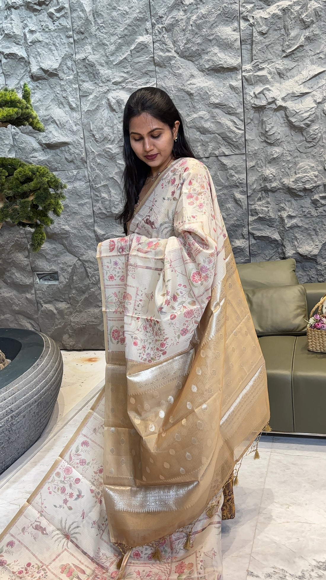 Cream golden kota saree