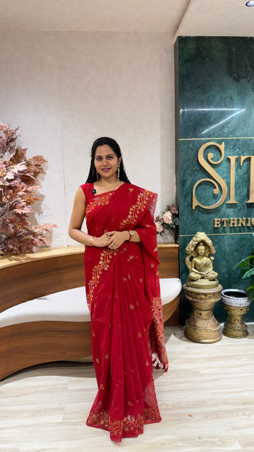 Red linen saree