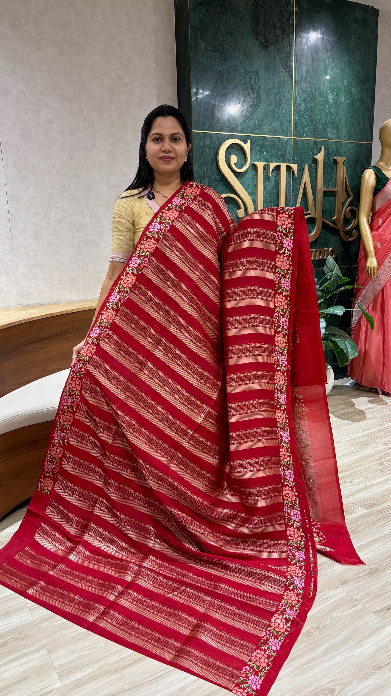 Border work saree red