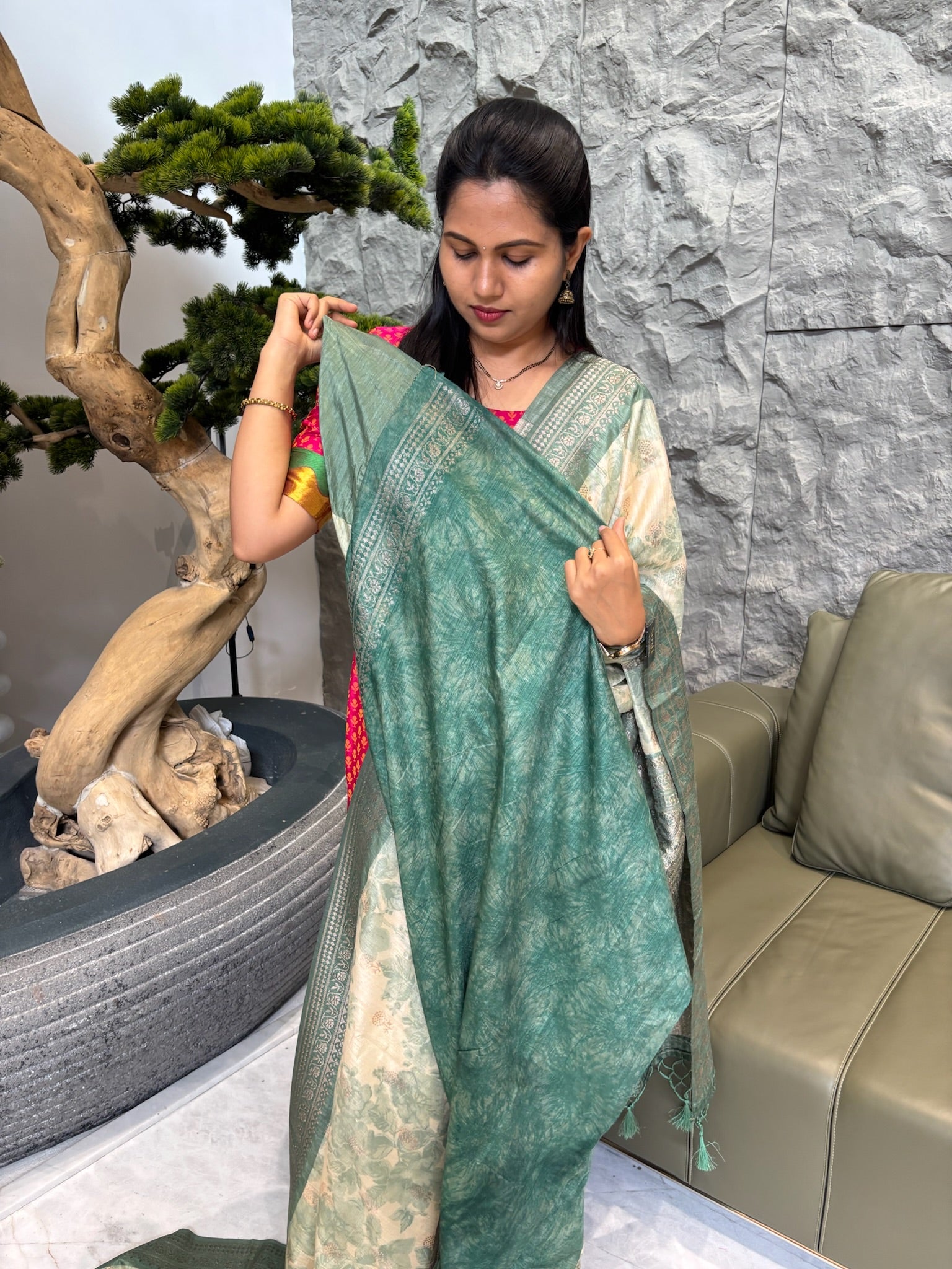 Falling chanderi sea green