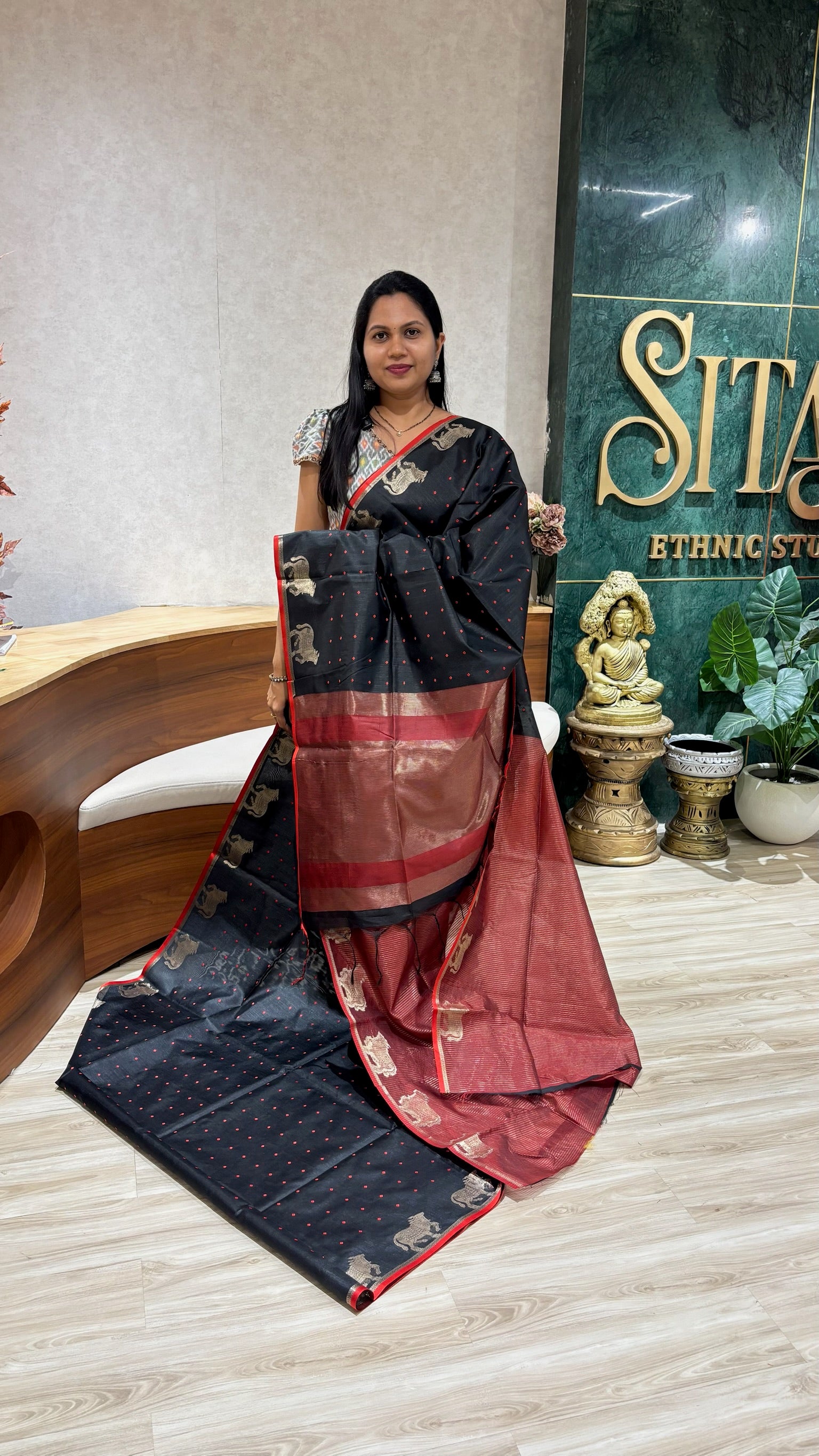 Tussar designed cow buti- black