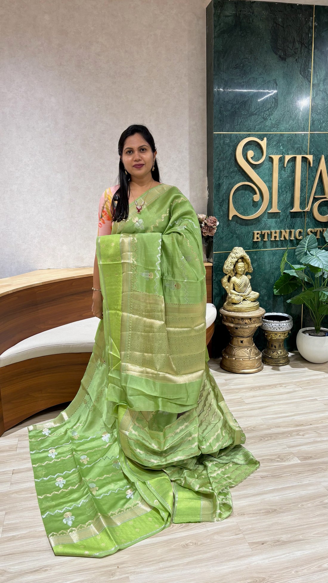Pure chanderi saree pista green