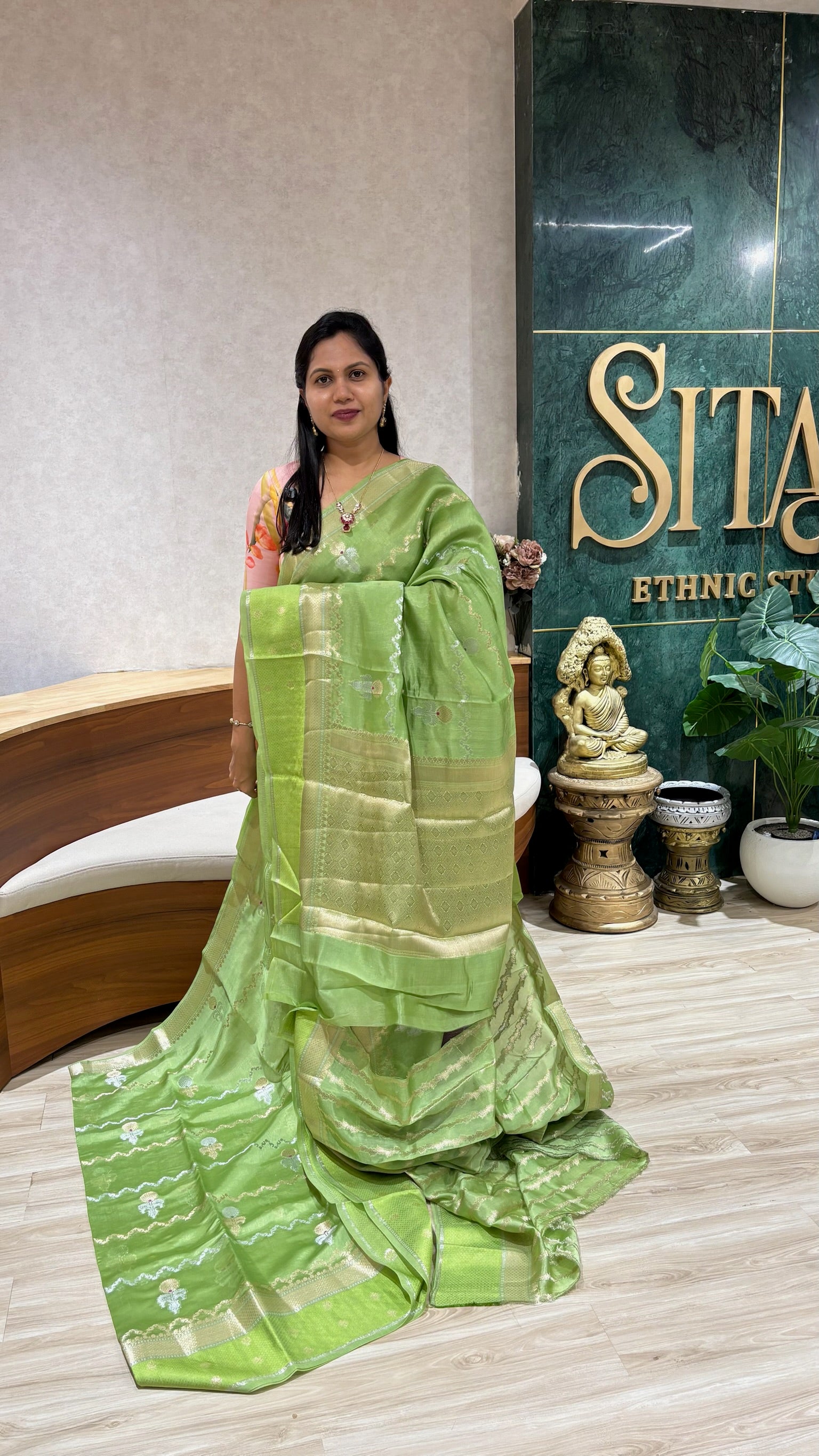 Pure chanderi saree pista green