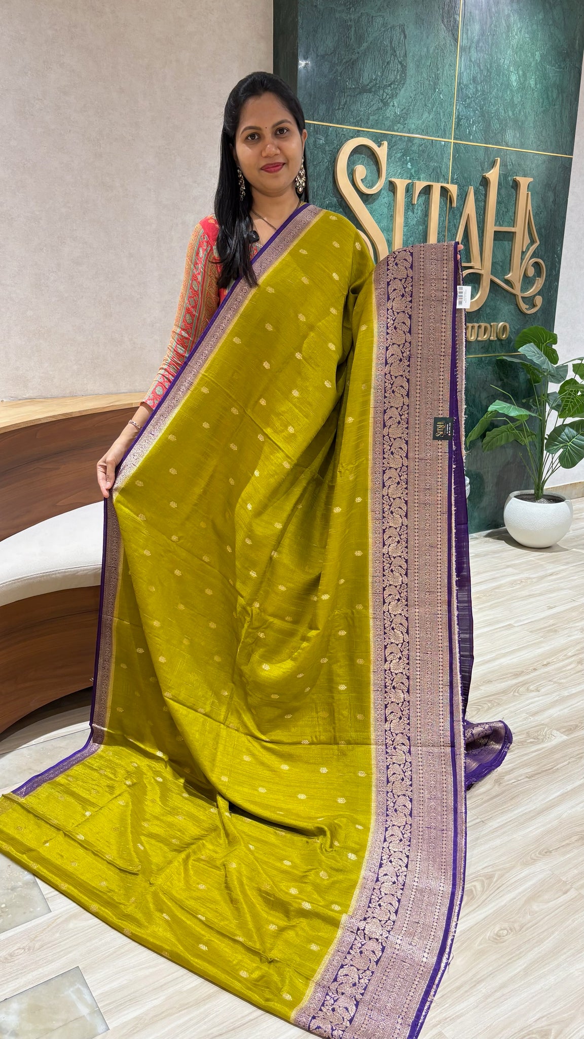 Raw silk saree mehndi green