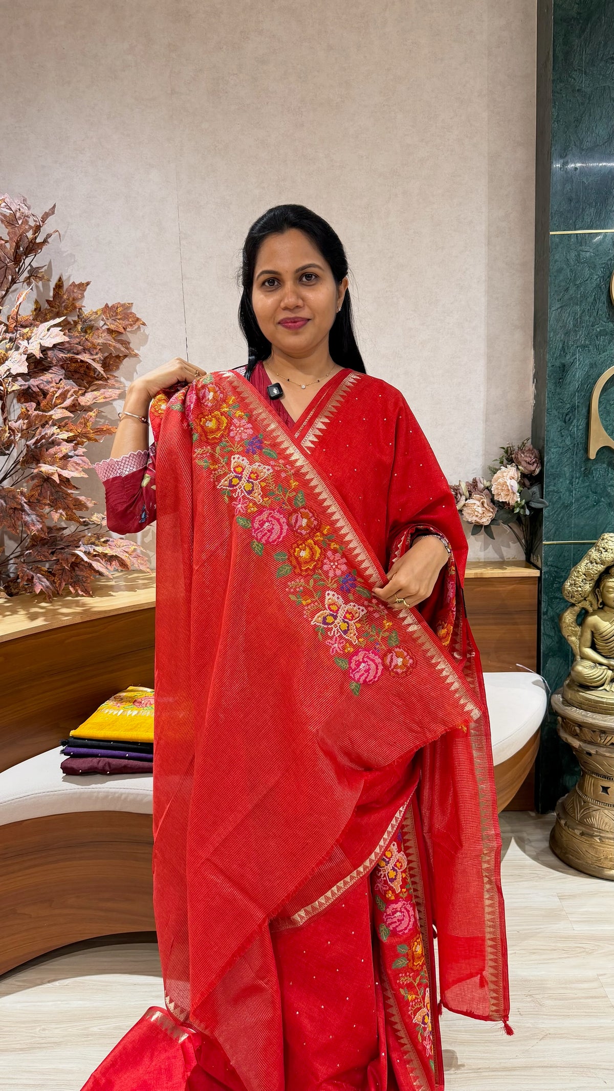 Tussar embroidery red