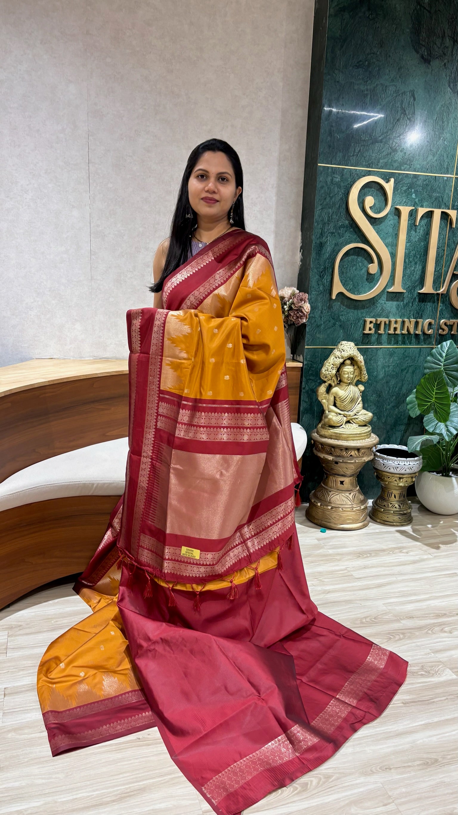 Fancy silk temple border yellow-maroon