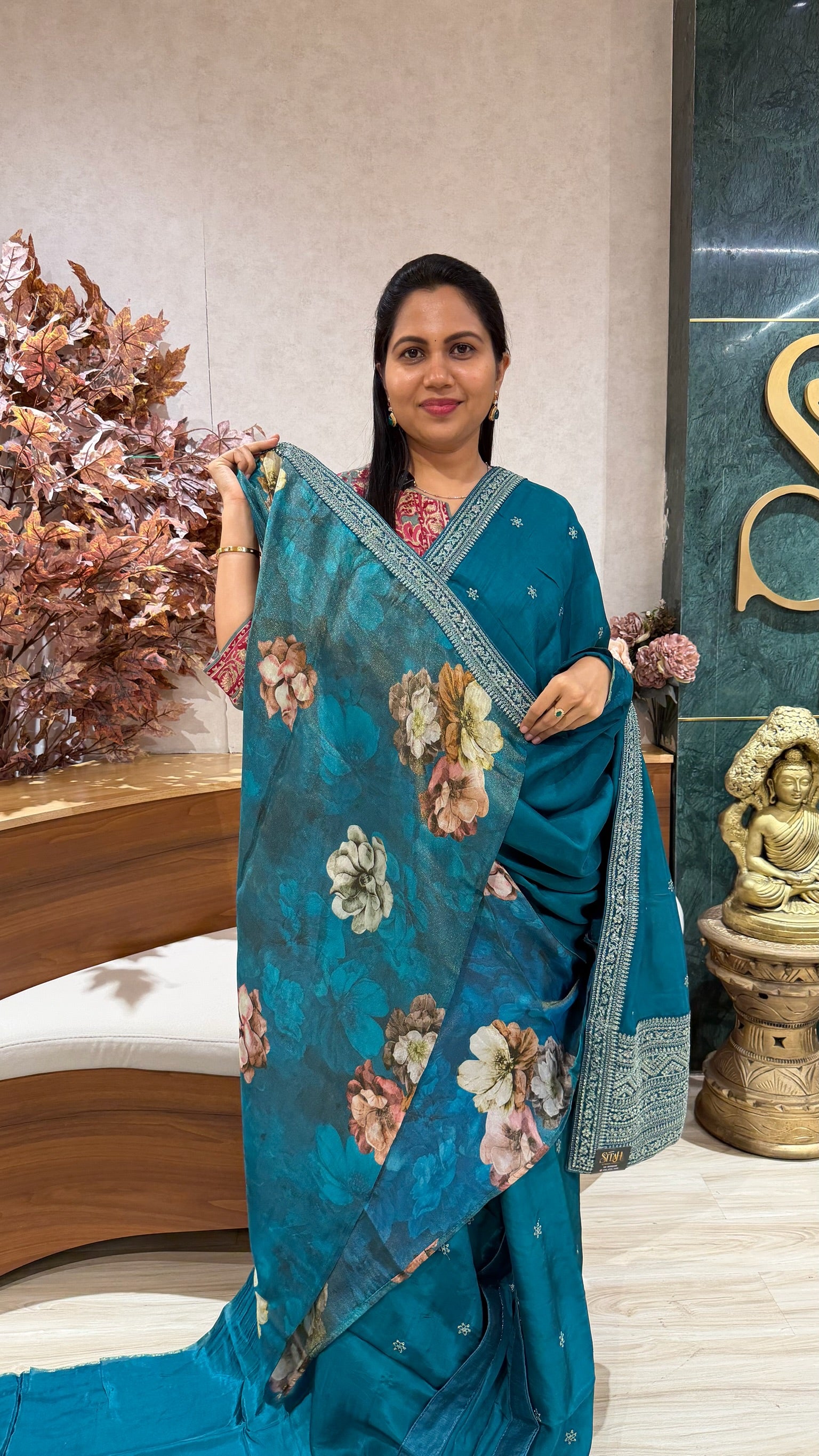 Chinnon crepe work saree tealblue
