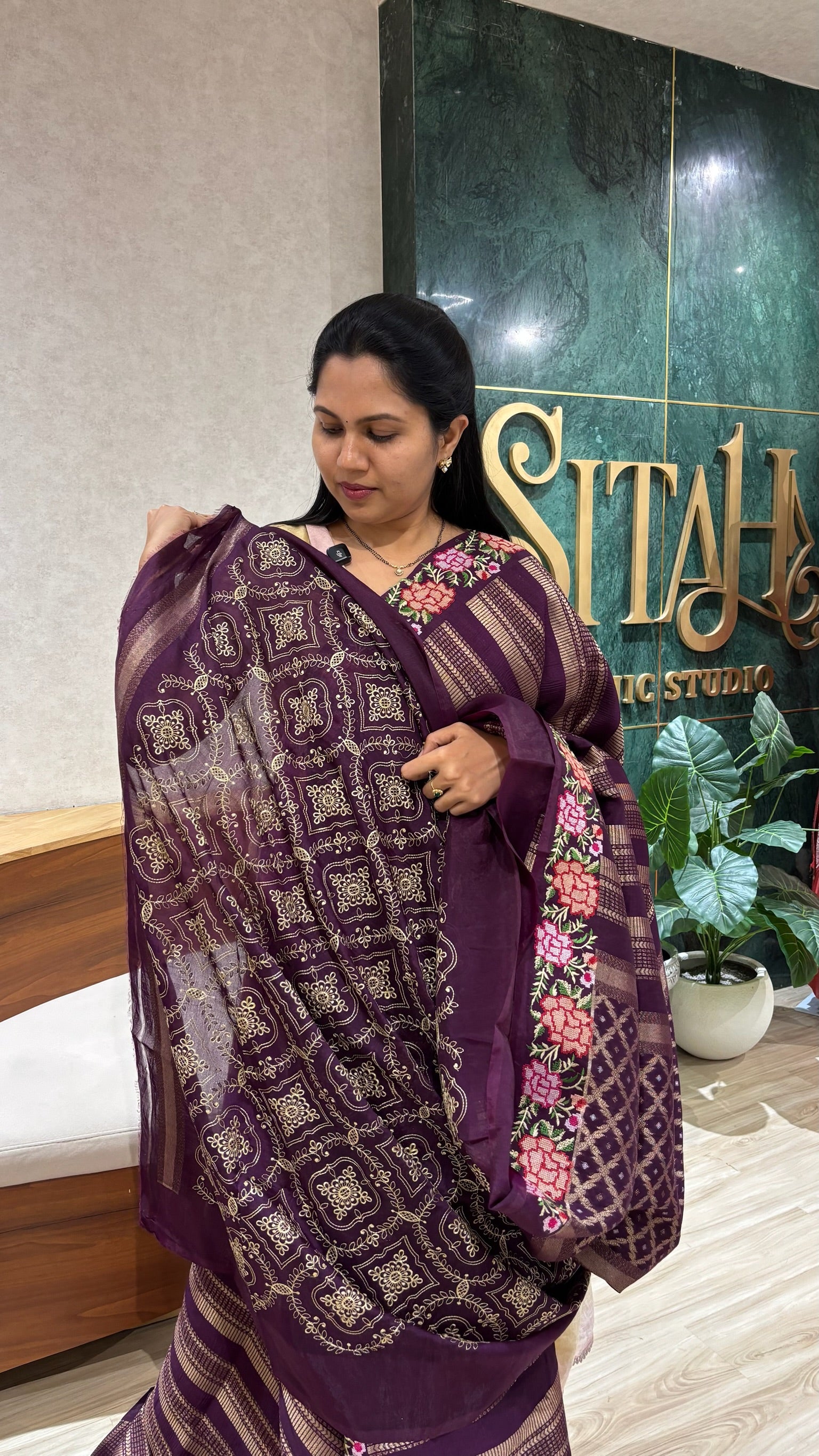 Border work saree wine