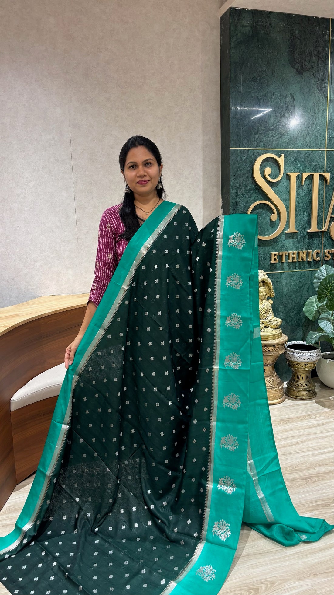 Raw silk banaras bottle green