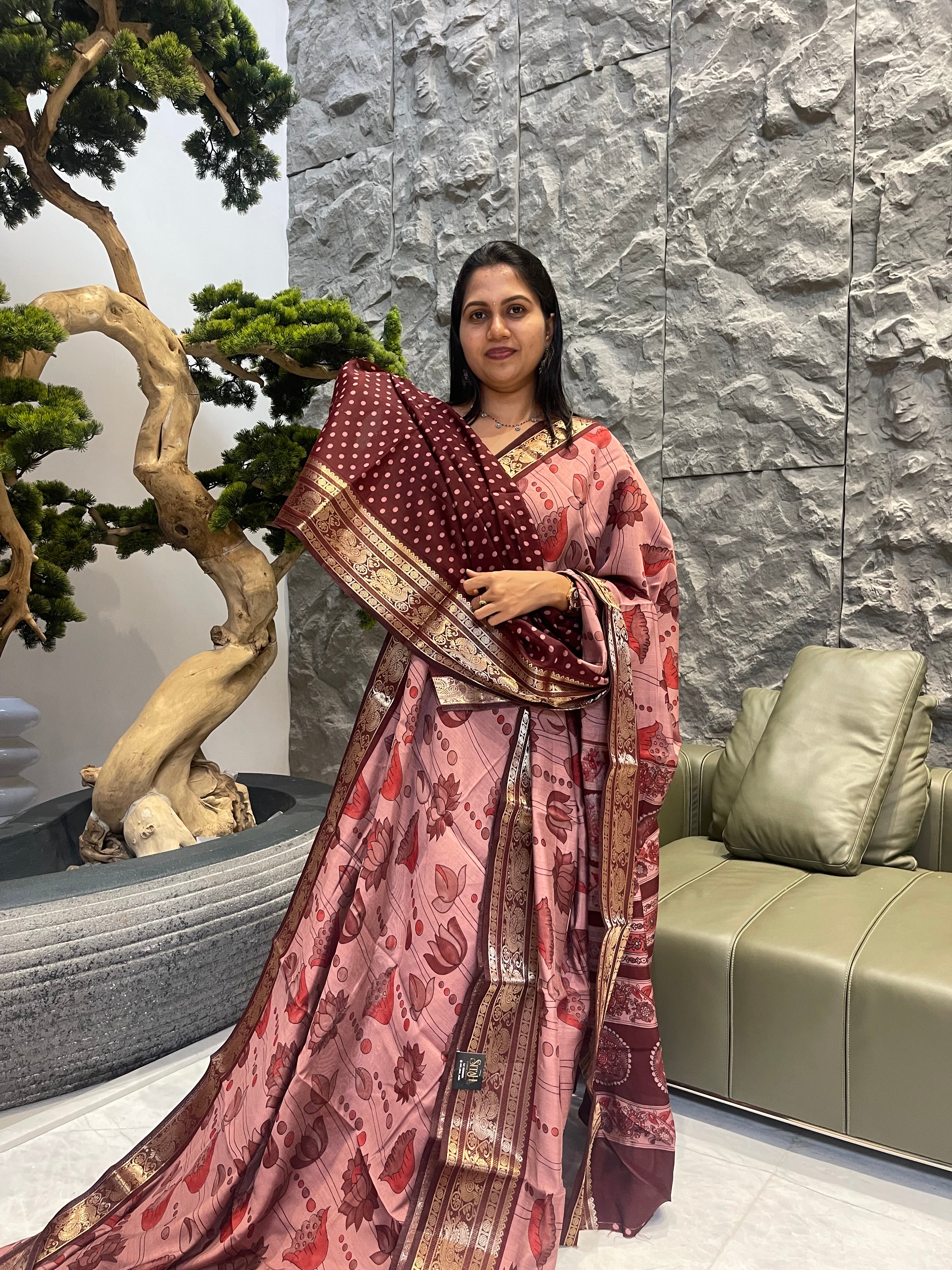 Peach with maroon Mangalgiri silk saree