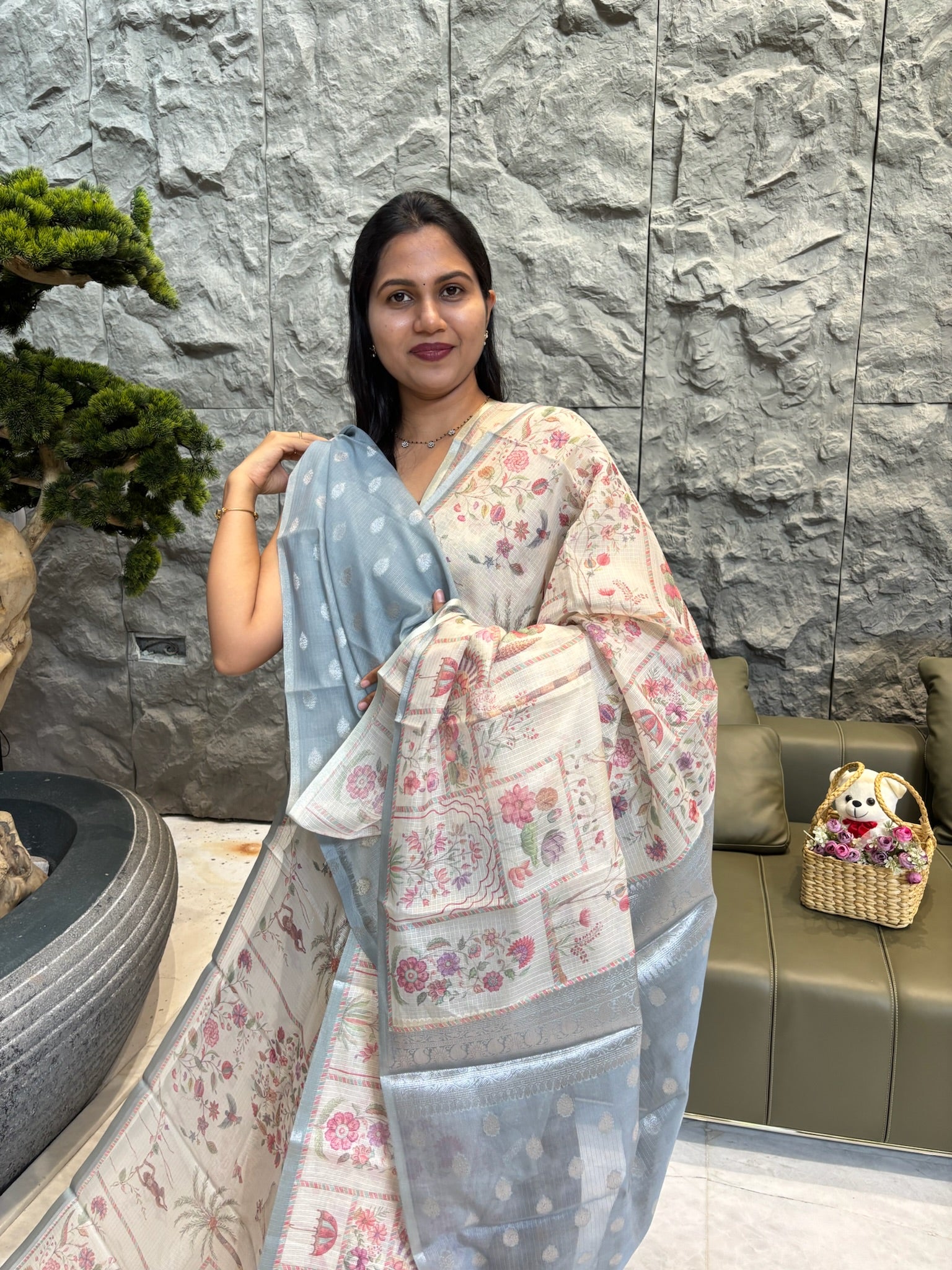 Cream blue kota saree