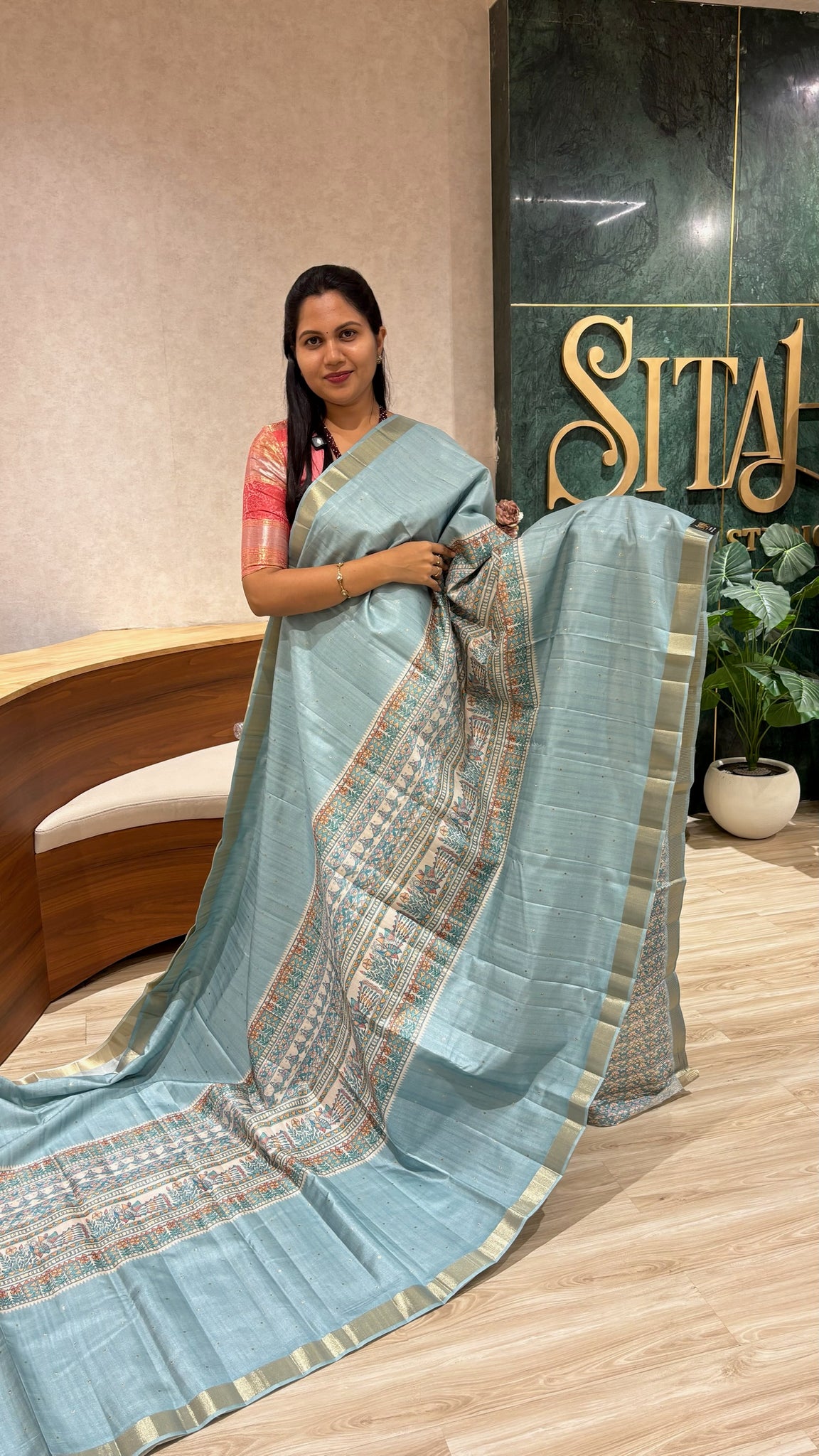 Madhubani printed tussur saree light blue