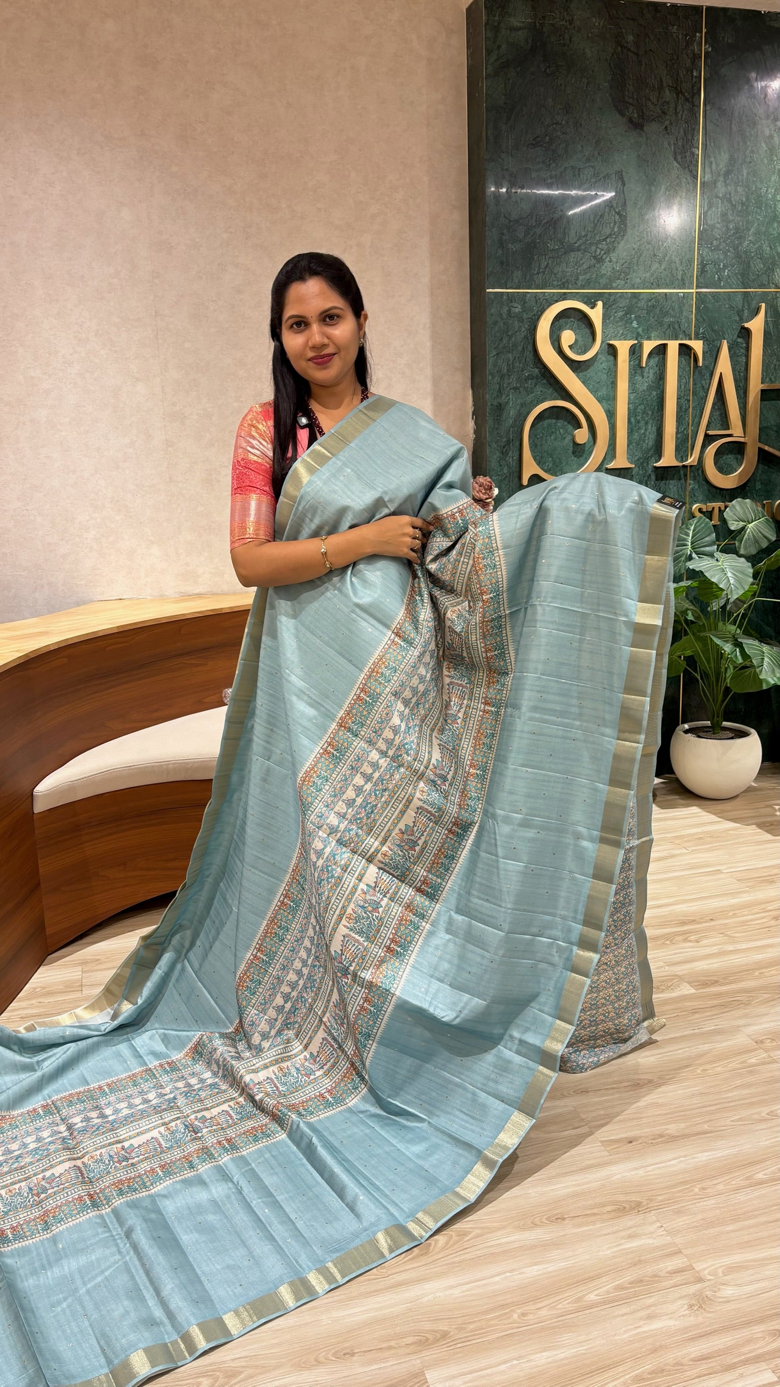 Madhubani printed tussur saree light blue