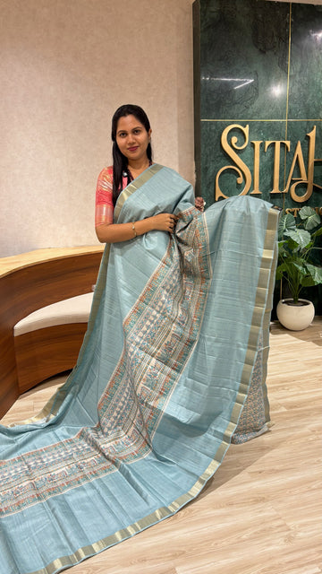 Madhubani printed tussur saree light blue