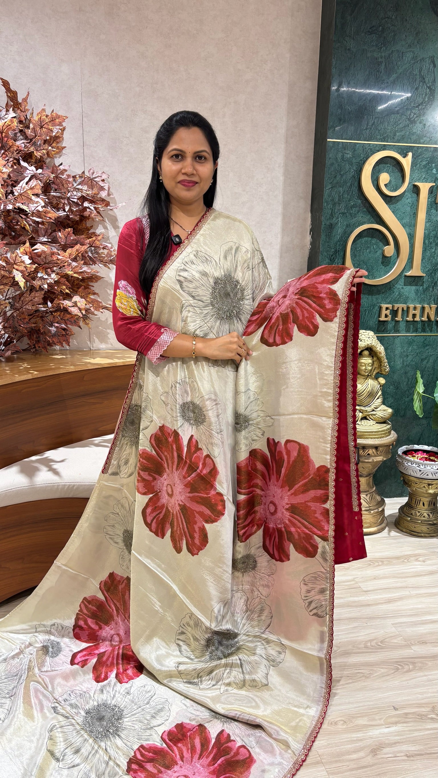 Georgette work borders pink flowers