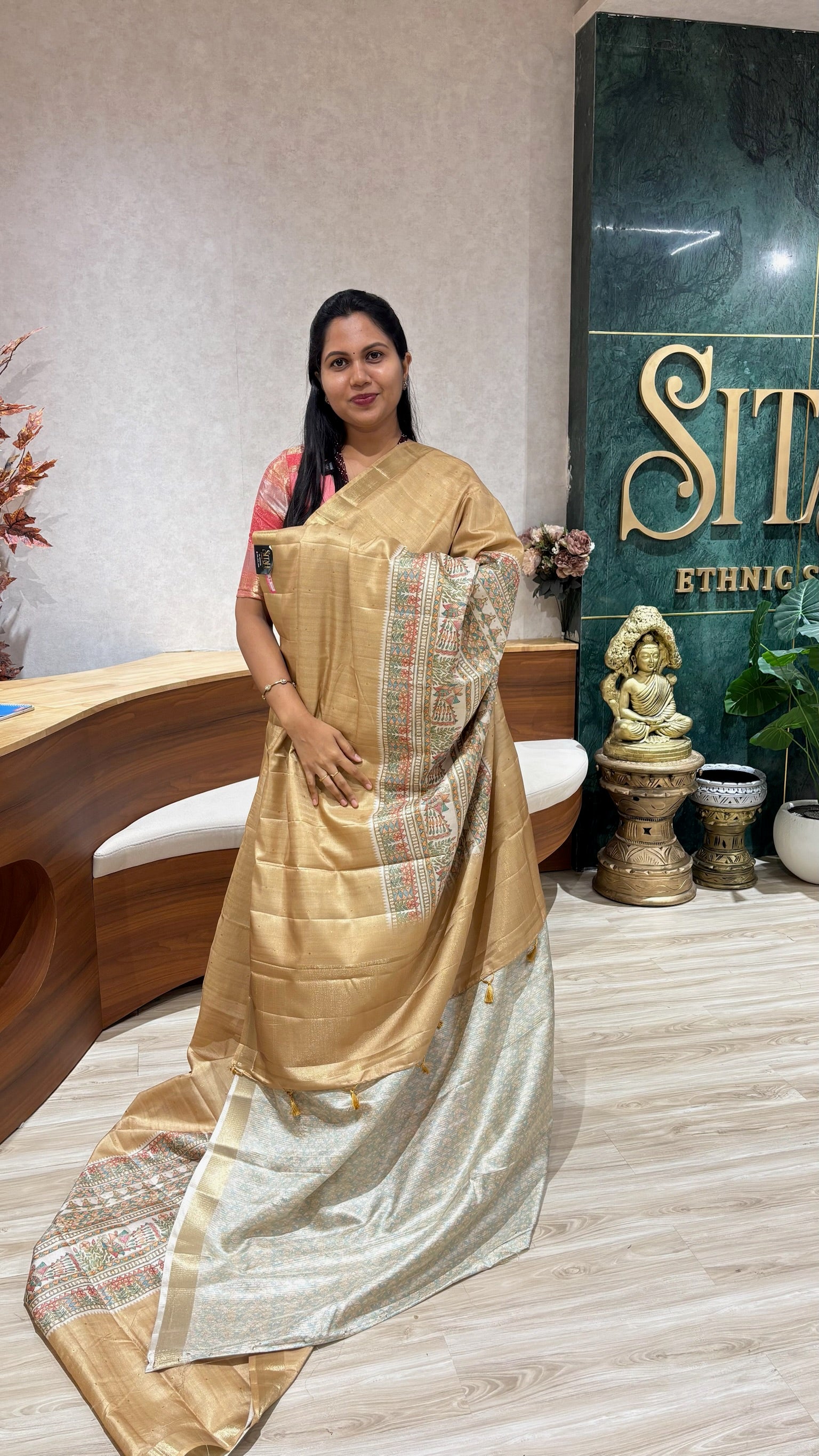 Madhubani printed tussur saree golden yellow