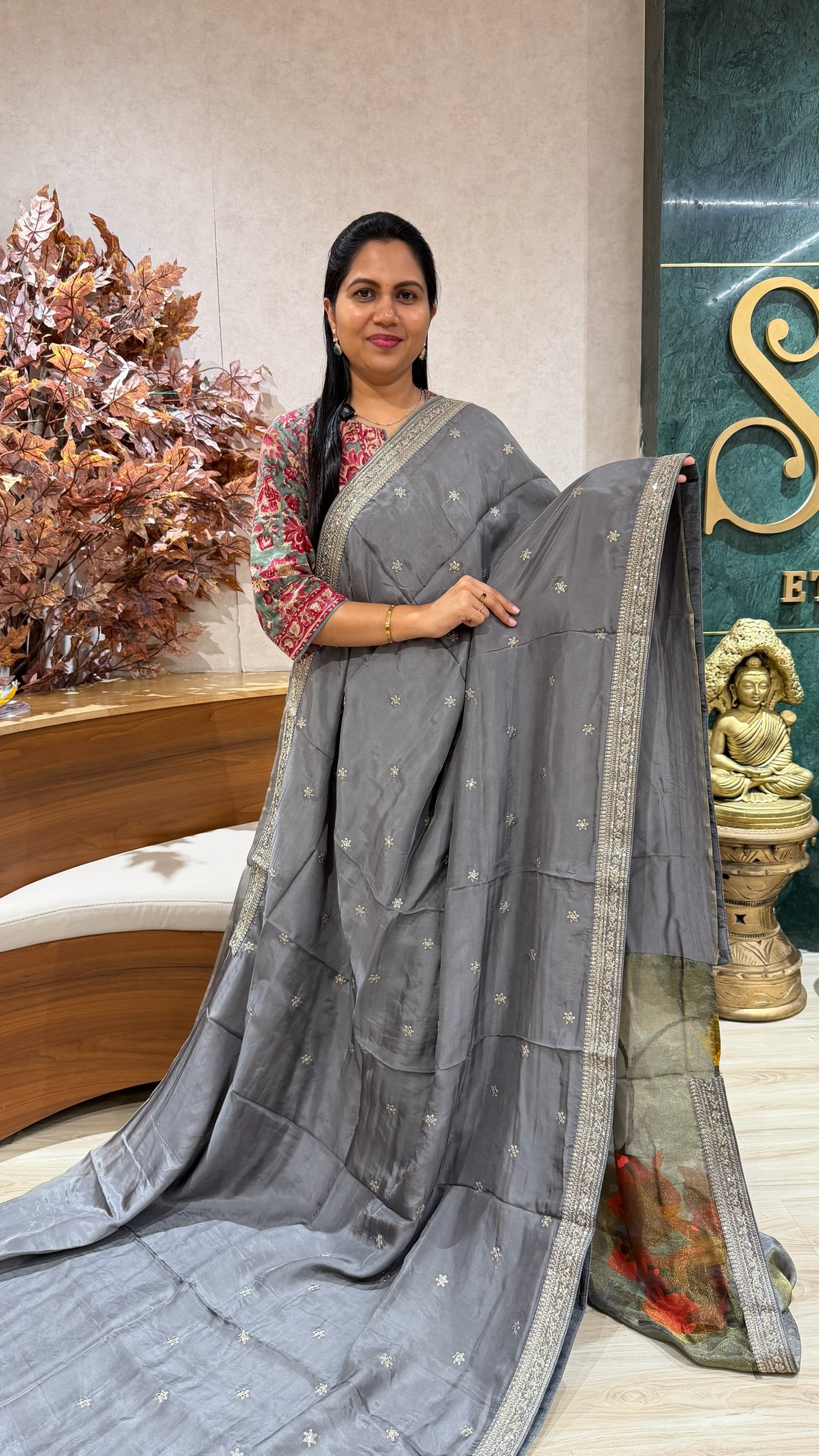 Chinnon crepe work saree grey