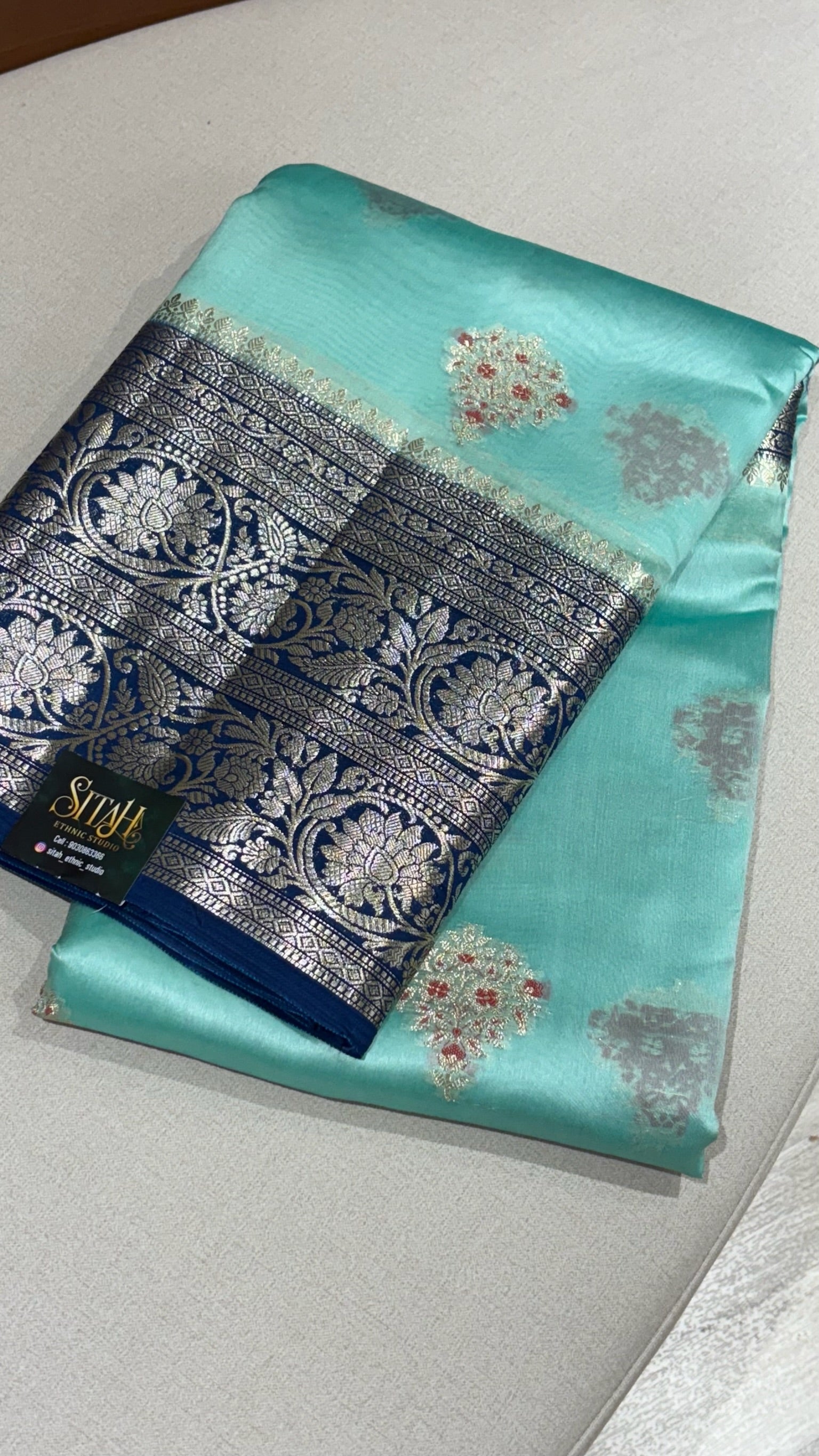 Chanderi mango pattu sea green