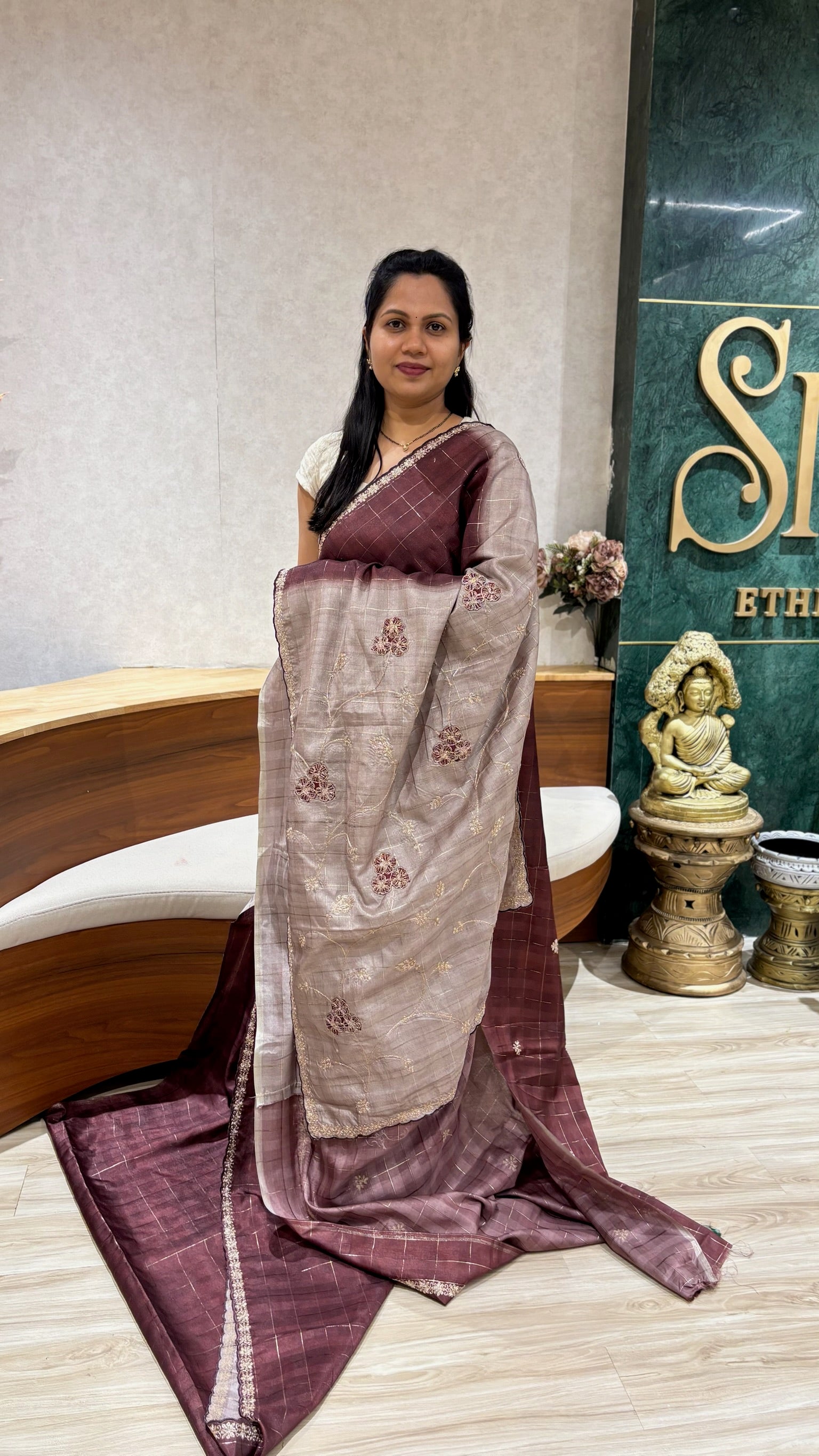 Fancy tussar embroidery border brown