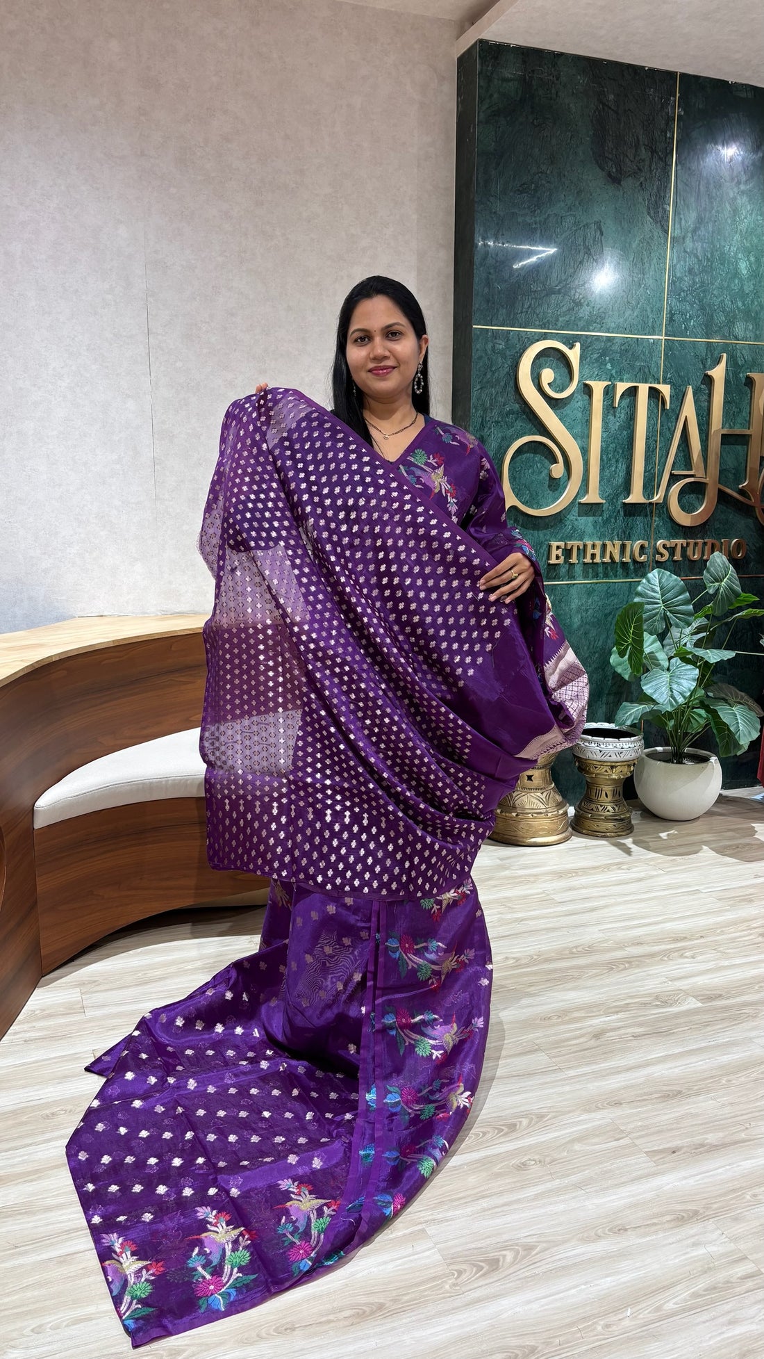 Paper silk buti border purple