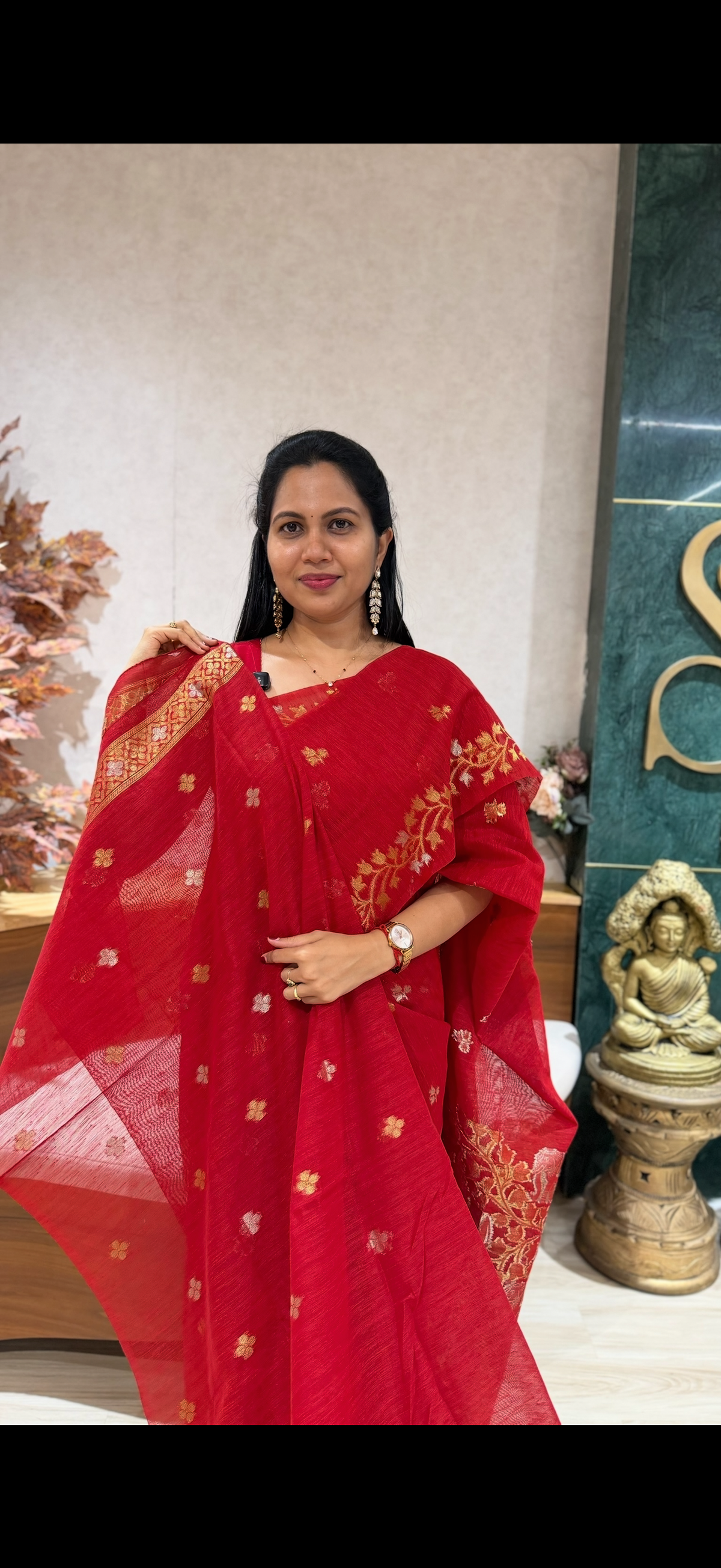 Red linen saree