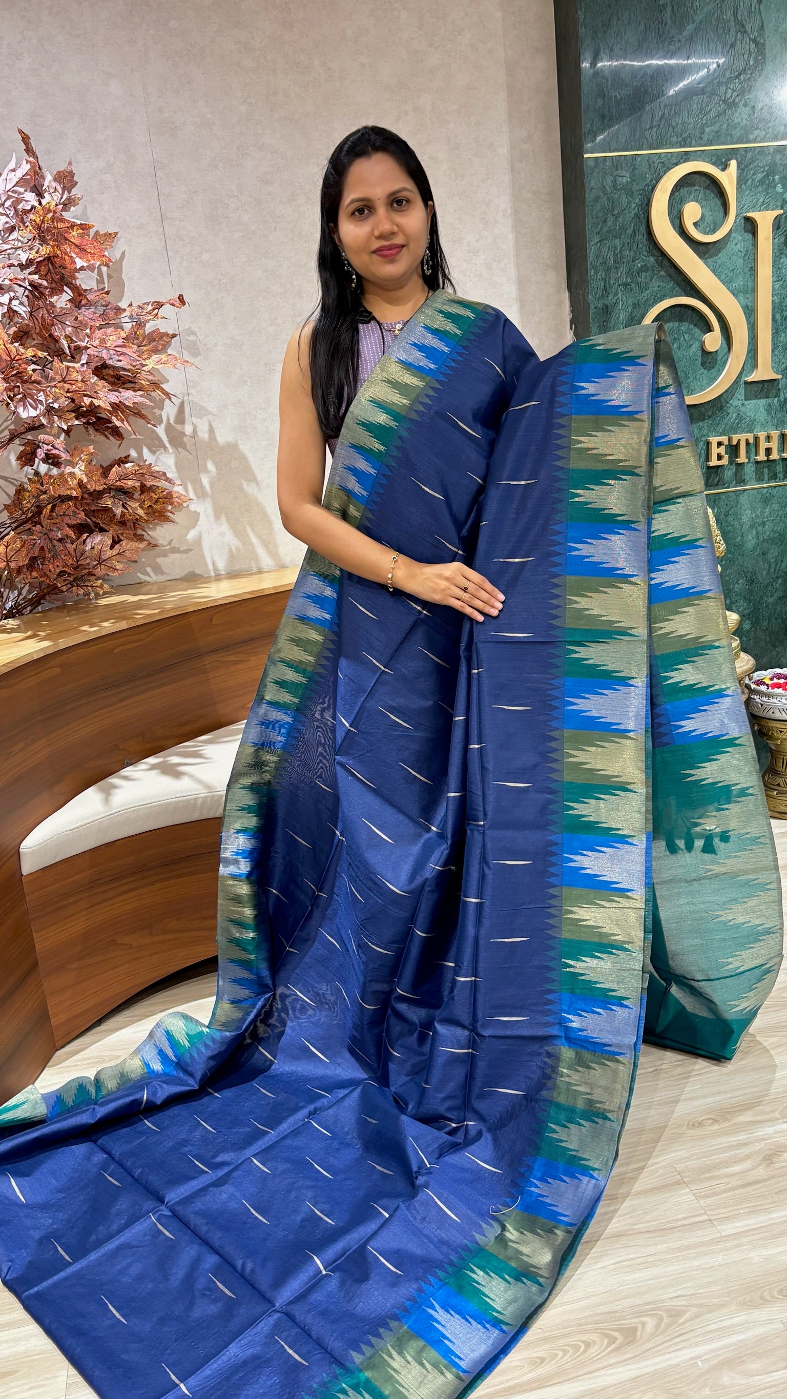 Fancy tussar temple border blue