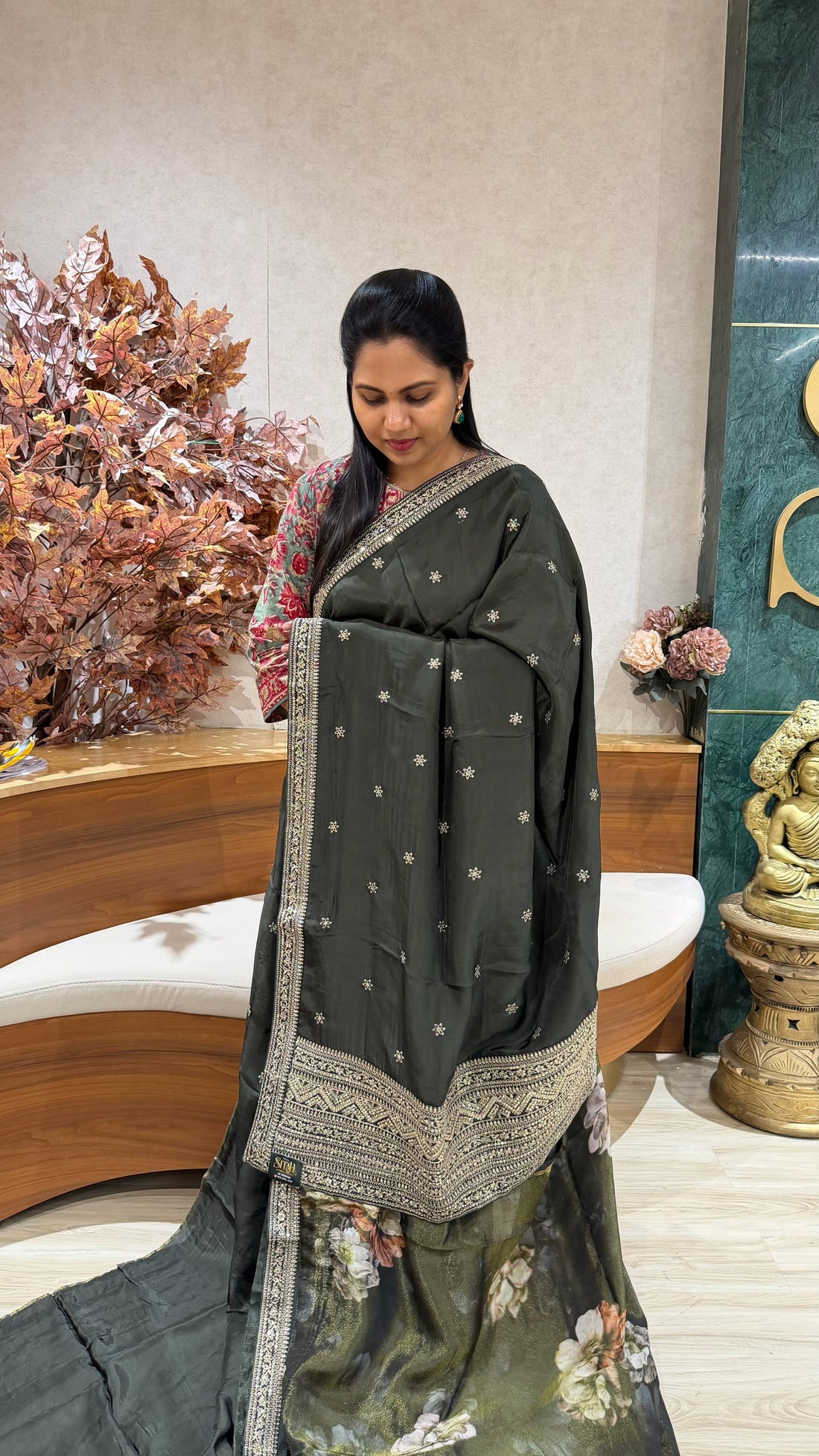 Chinnon crepe work saree algae green