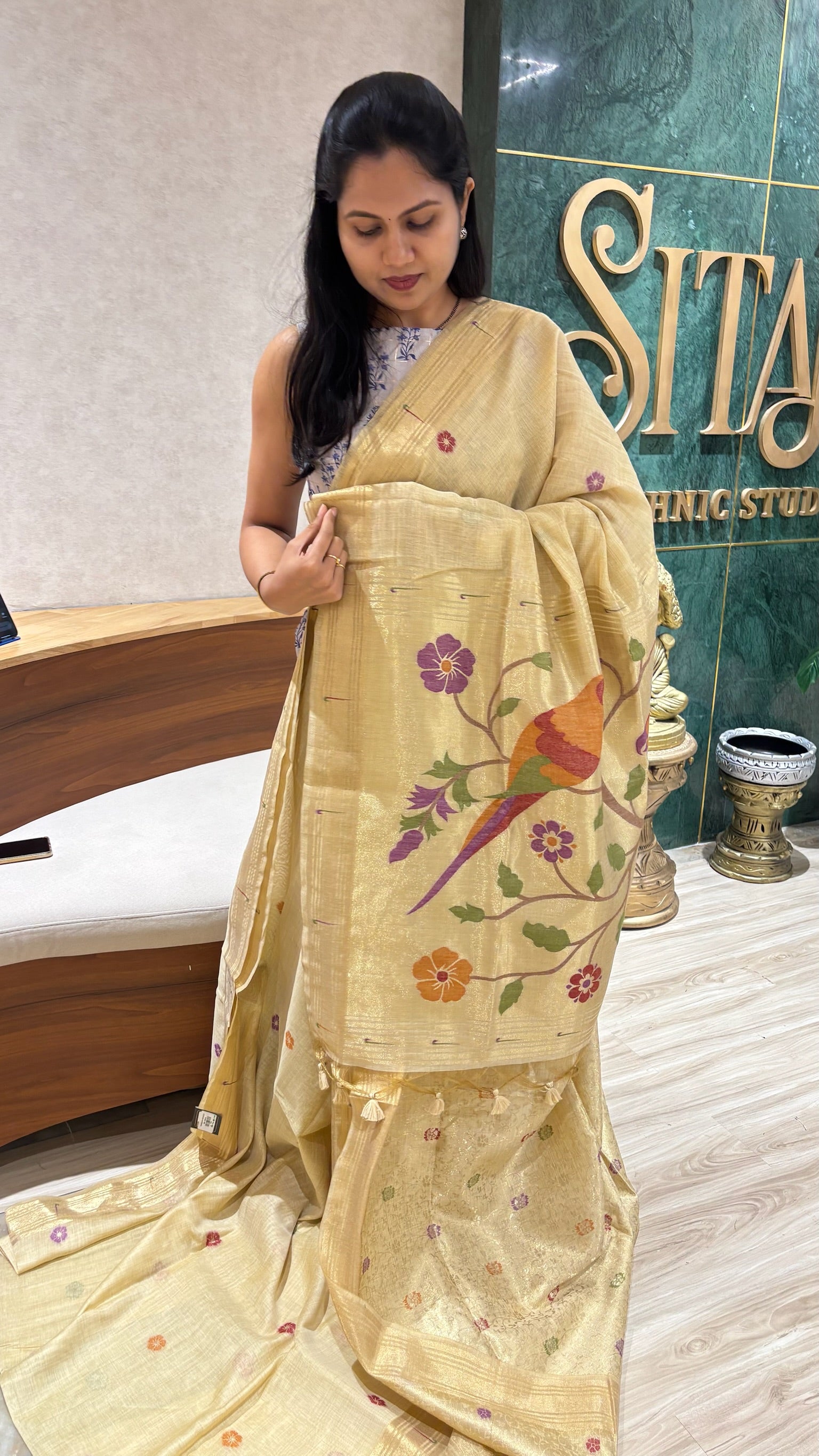 Munga cotton parrot pallu  golden beige