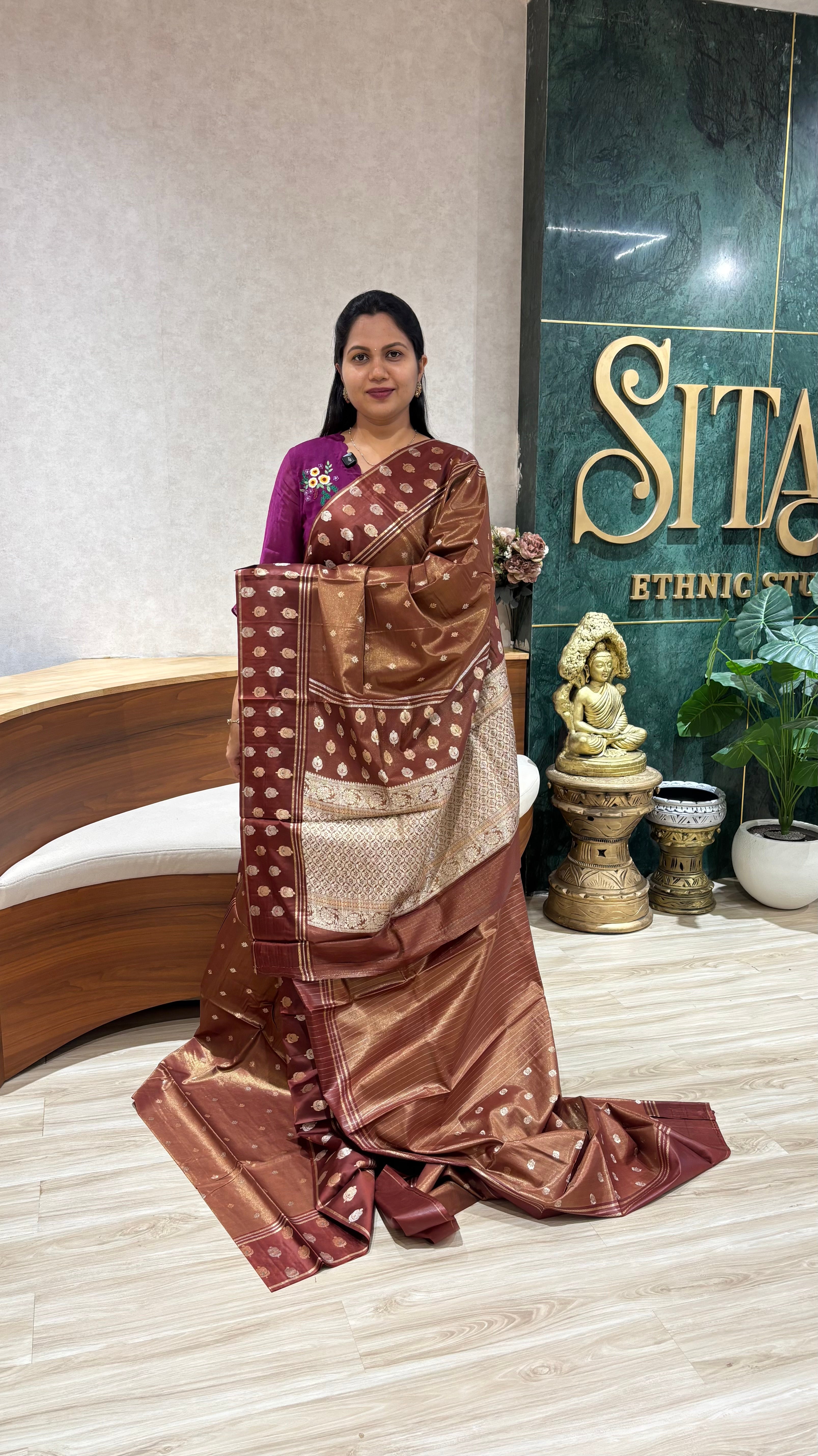 Tissue with mashru satin border earthy brown