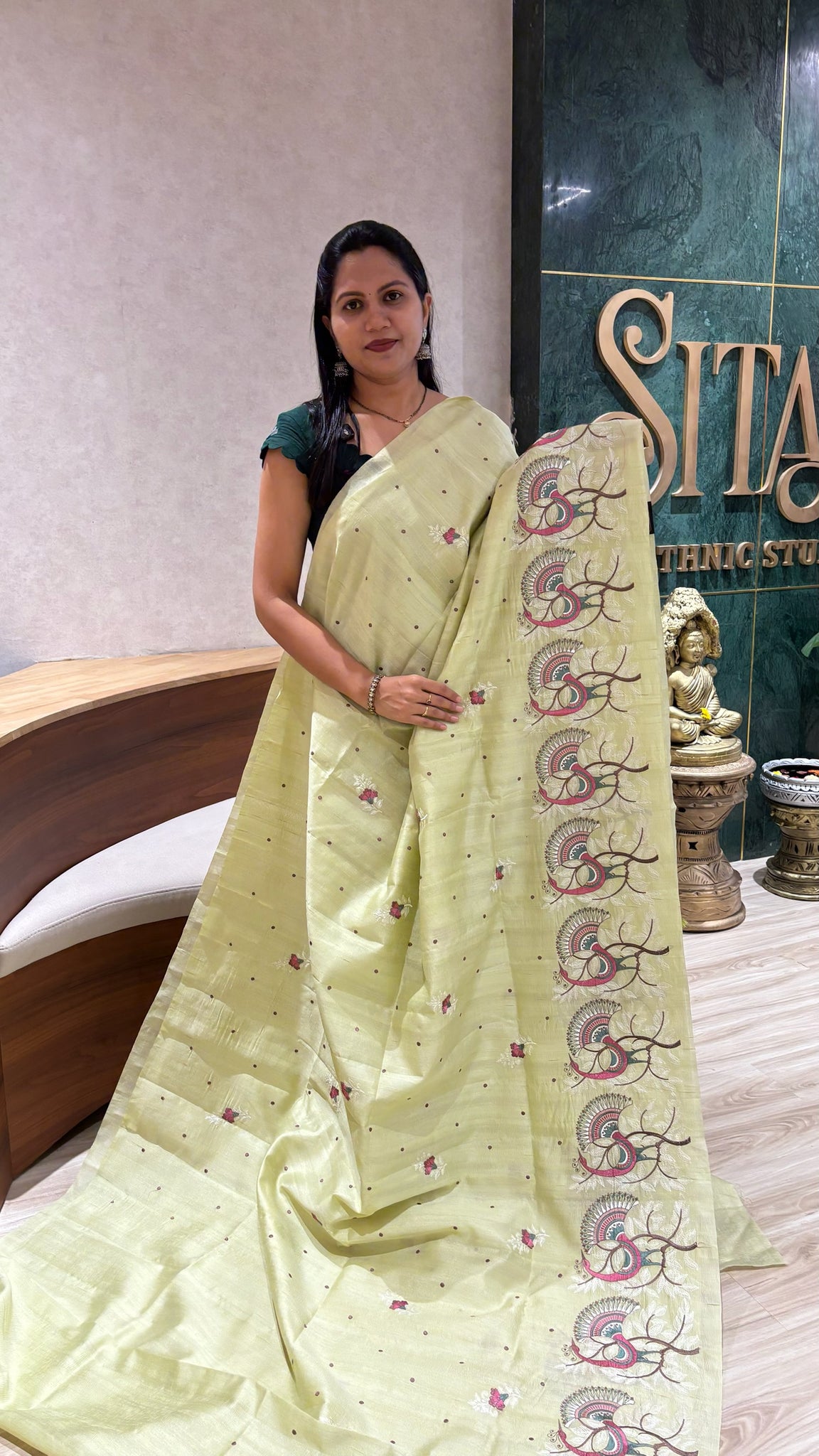 Tussar embroidery parrot green