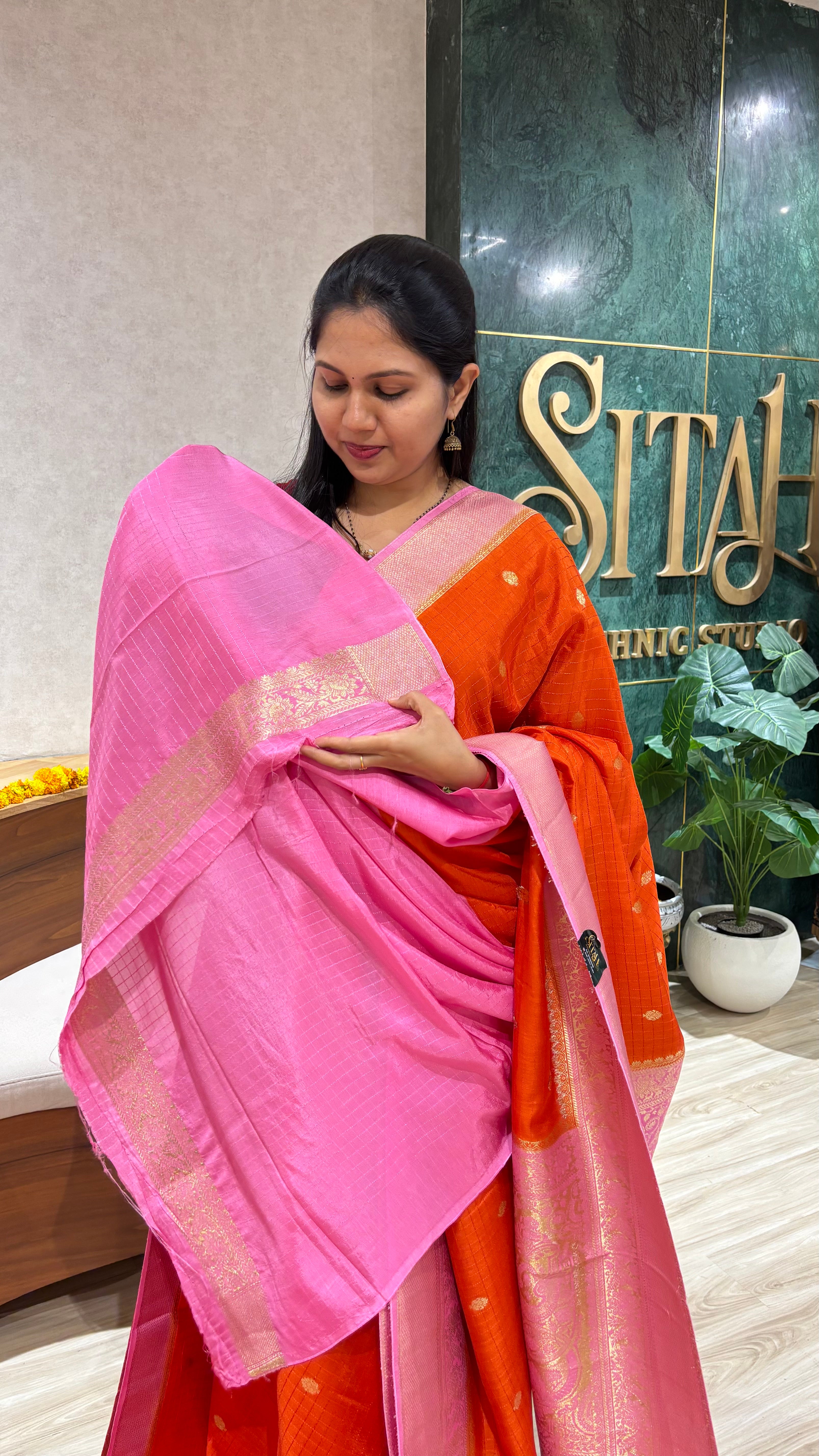 Georgette saree orange pink
