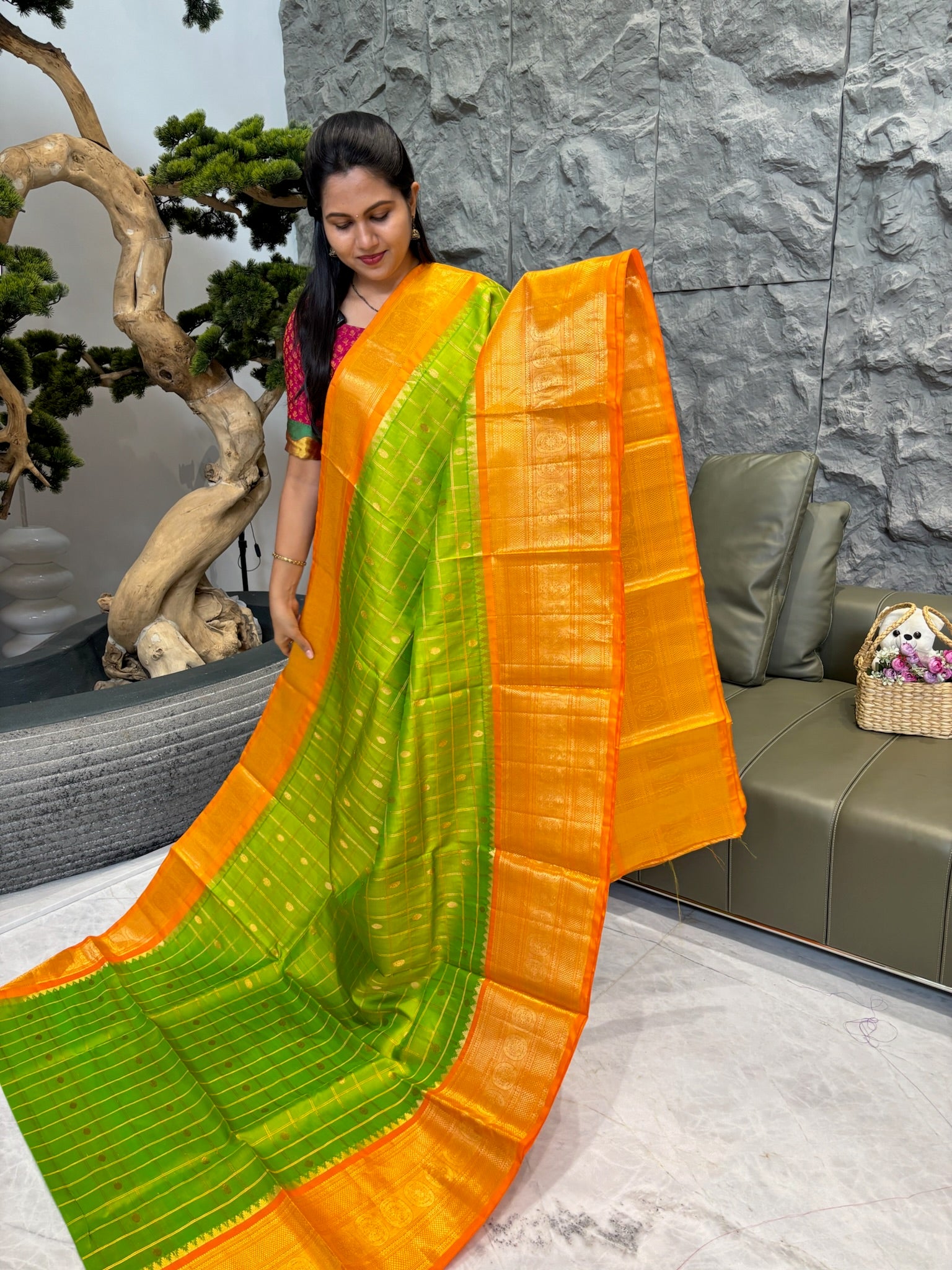 Handloom gadwal green yellow